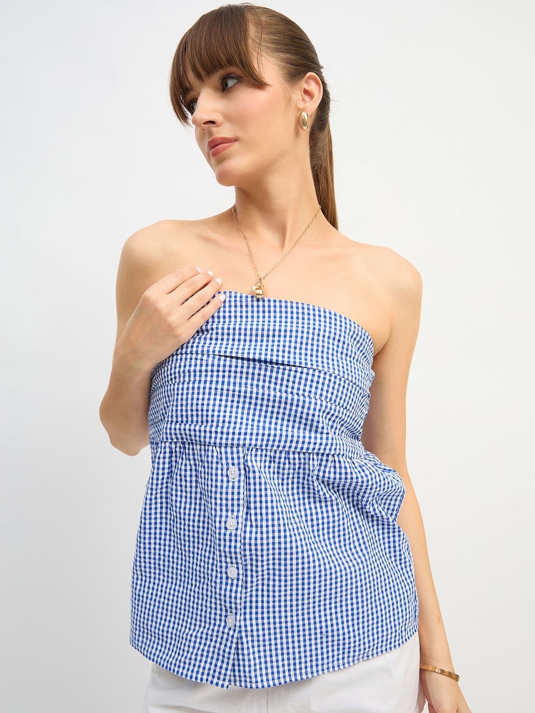 SASSAFRAS SASSAFRAS Checked Off-Shoulder Cotton Tube Top