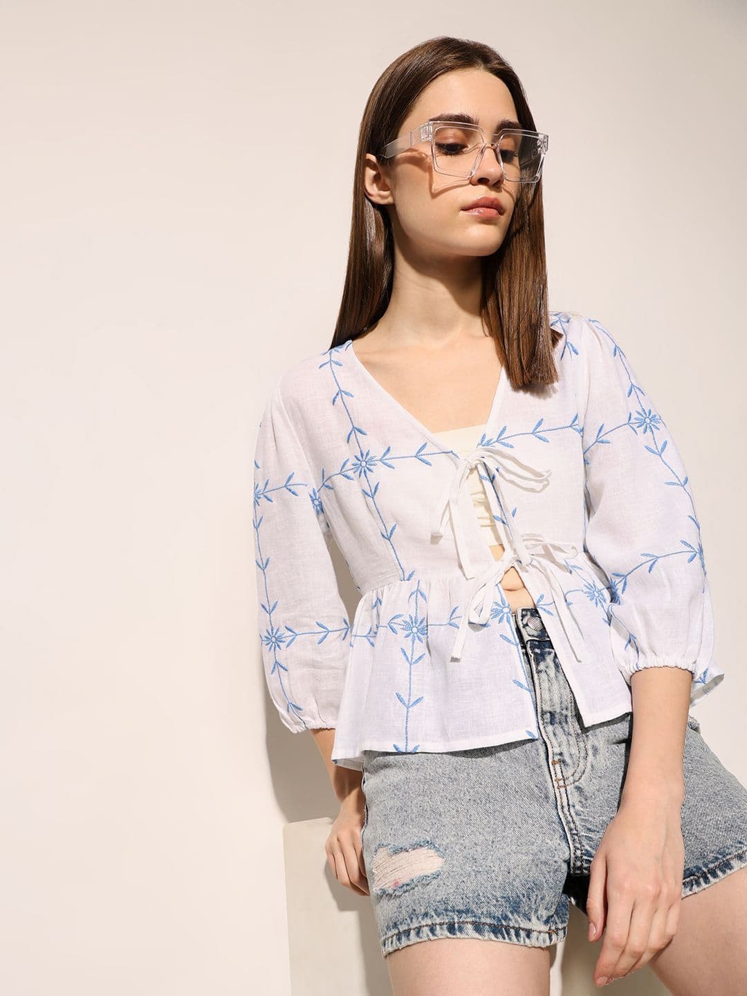 ONLY ONLY Embroidered Tie-Up Neck Puff Sleeve Schiffli Peplum Top