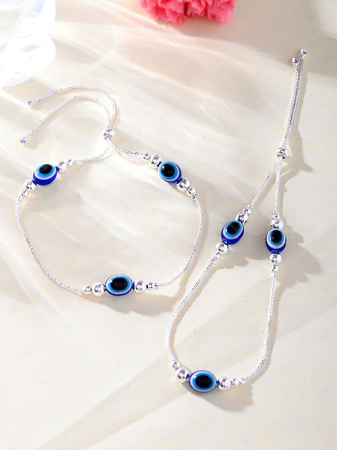 DIVASTRI DIVASTRI Set Of 2 Sttainless Steel Silver-Plated Artificial Stones Beaded Anklet