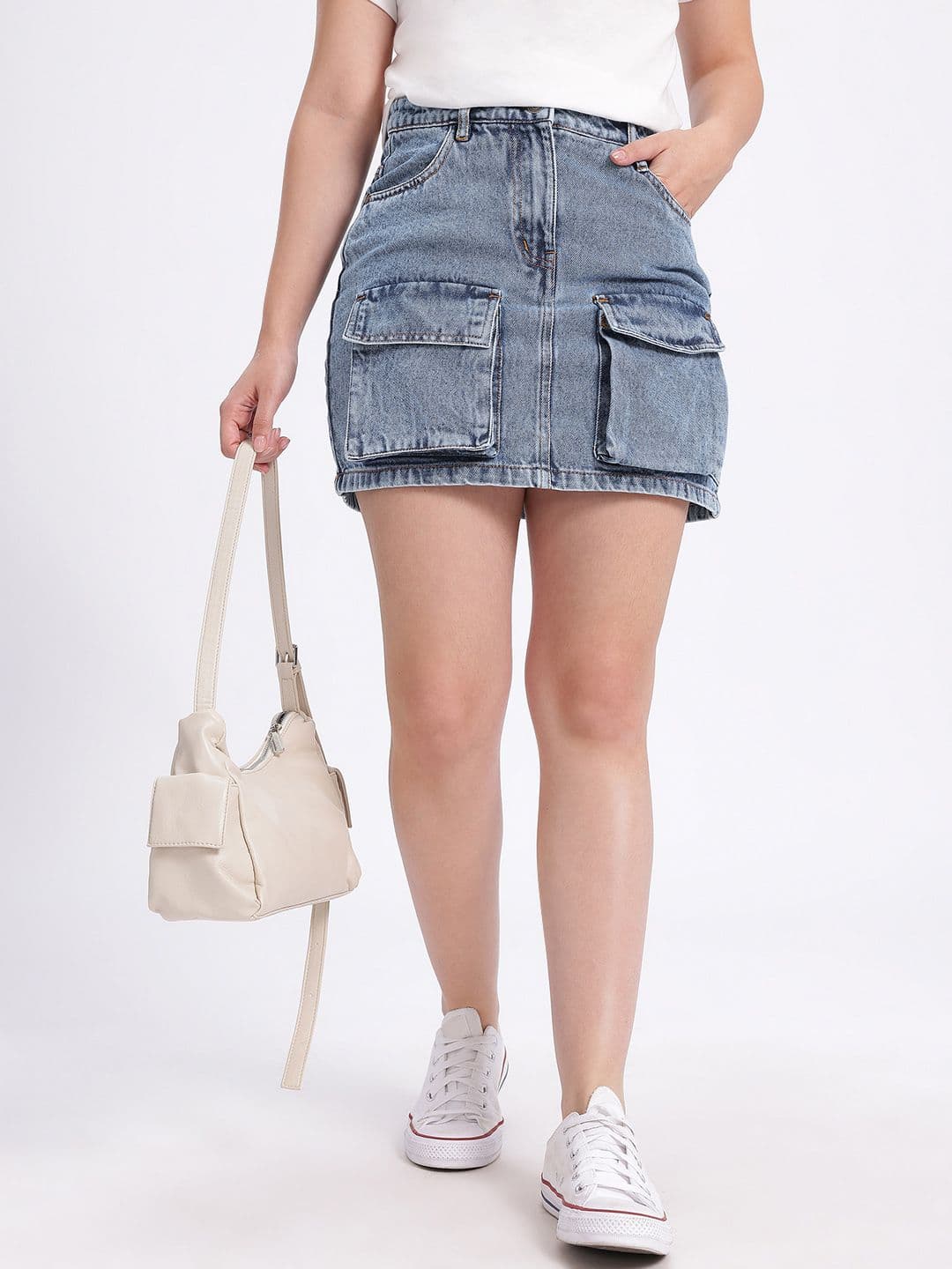 glitchez glitchez Faded Utility Cargo Denim Straight Mini Skirt