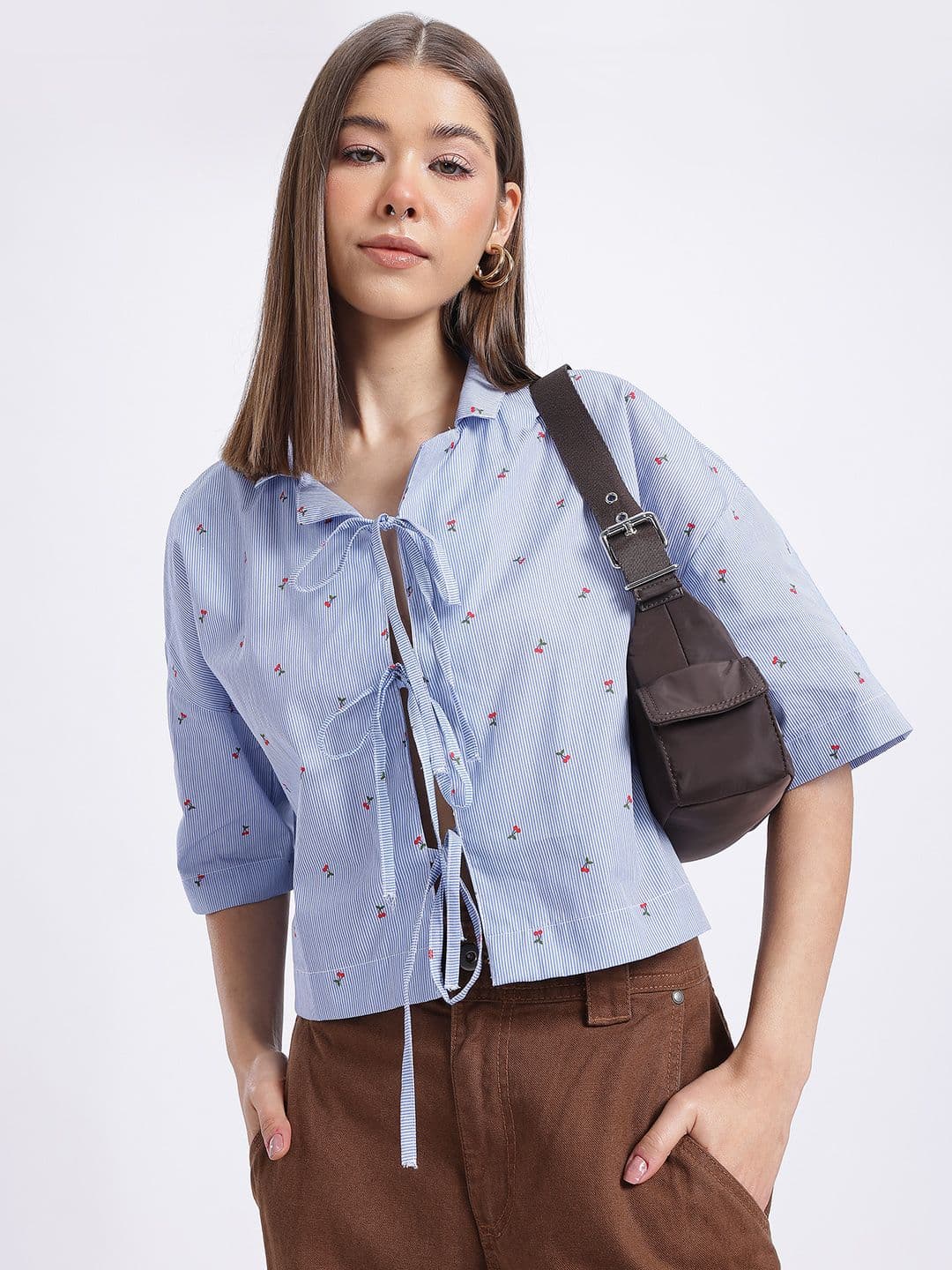 glitchez glitchez Striped Printed Front Tie-Up Shirt Style Top