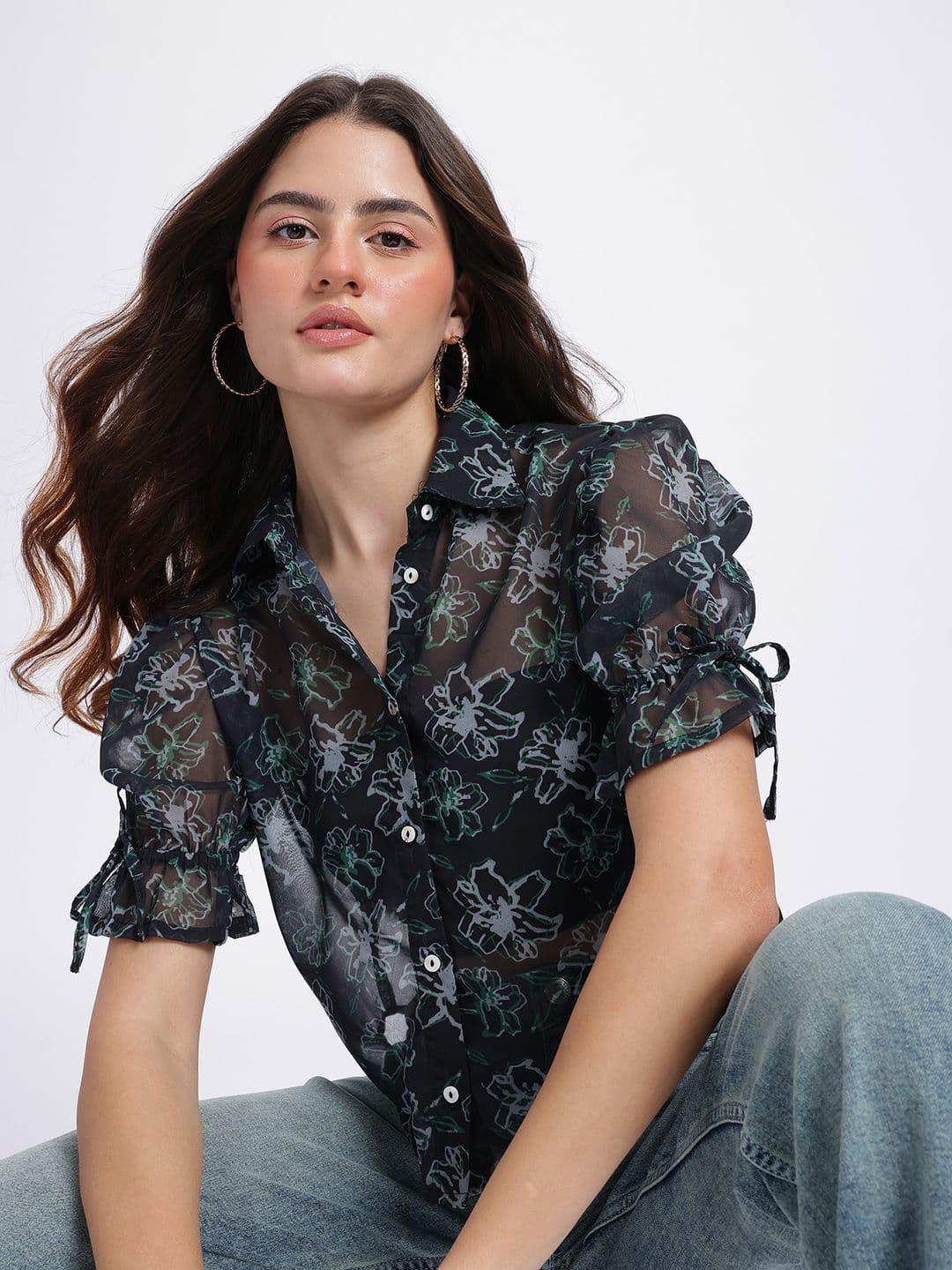 glitchez glitchez Floral Print Sheer Shirt Style Top