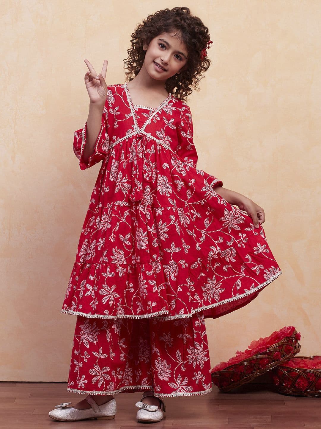 Girls Printed Kurta & Sharara Biba Girls Floral Printed Empire Pure Cotton Kurta with Sharara