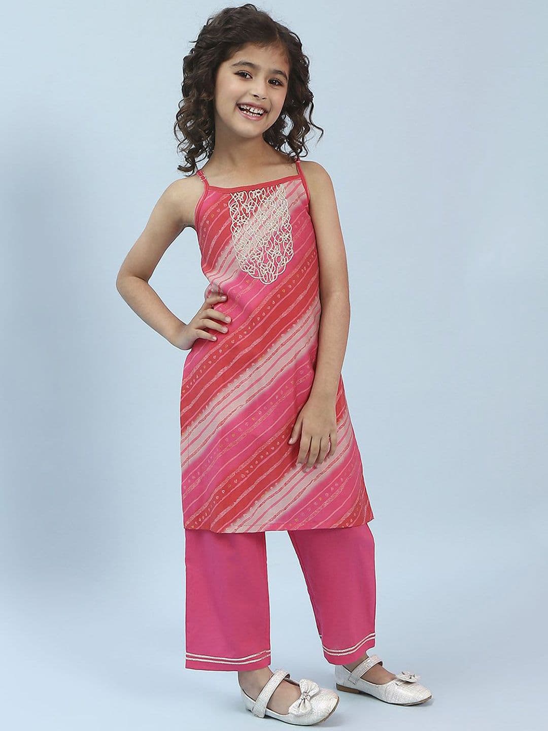 Biba Biba Girls Leheriya Printed Zari Work Straight Kurta With Palazzo
