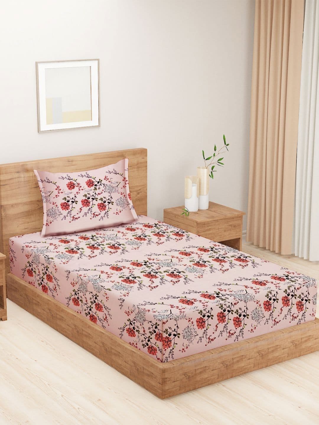 SWAYAM SWAYAM Ananda Pink Floral Cotton 210 TC Single Superfine Bedsheet with 2 Pillow Covers-90 x 59 inches