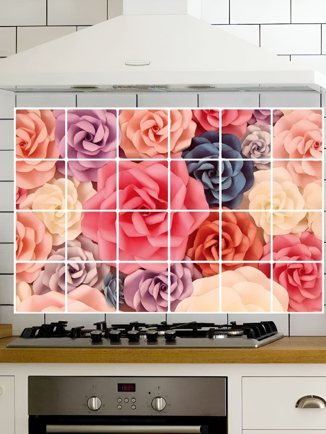 INDIAN ROYALS INDIAN ROYALS Pink & Grey Roses Heat Oil Resistance Waterproof Kitchen Sticker