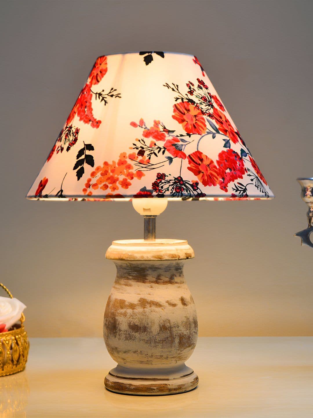 Decorcity Decorcity White & Red Floral Printed Wooden Frusturical Shaped Table Lamp