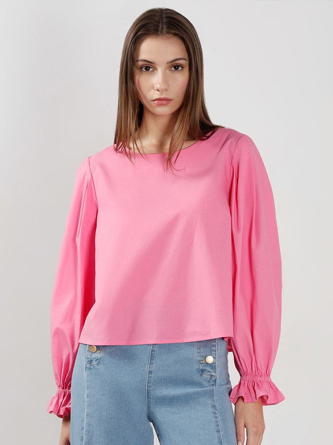 Vero Moda Vero Moda Solid Round Neck Cuffed Sleeves Top