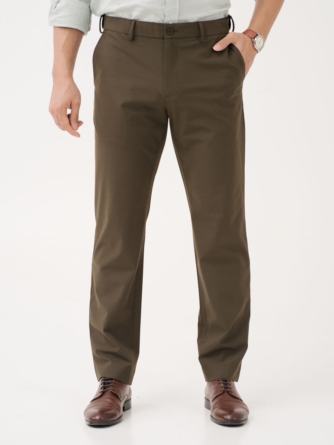 The Pant Project The Pant Project Men Always Olive Solid Relaxed Fit Wrinkle-Resistant Formal Trousers with Stretchable Waistband