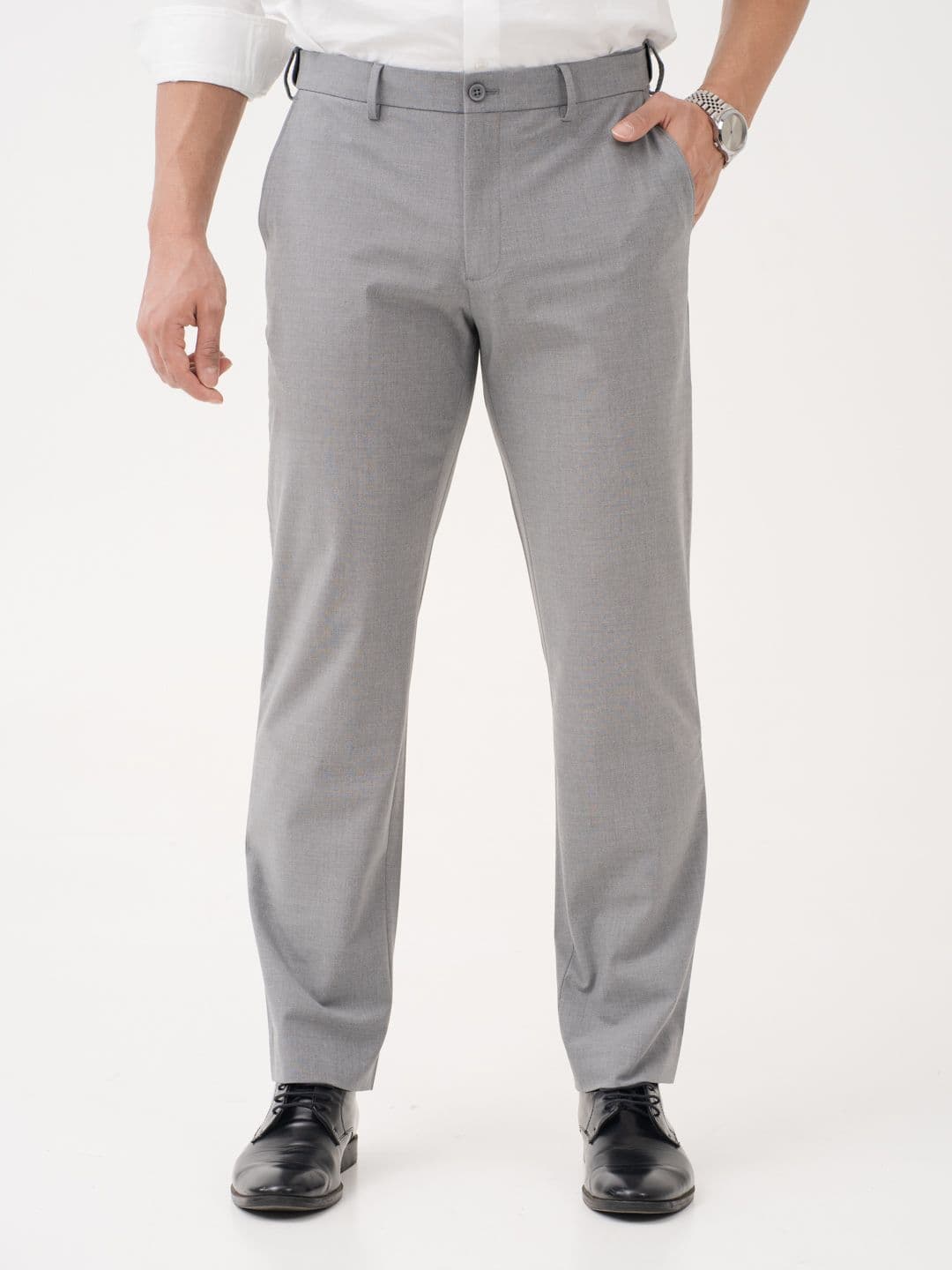 The Pant Project The Pant Project Men Effortless Grey Solid Relaxed Fit Wrinkle-Resistant Formal Trousers with Stretchable Waistband