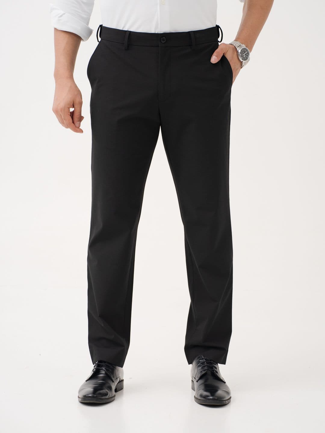Men Relaxed Fit Wrinkle-Resistant Formal Trousers The Pant Project Men Everyday Black Solid Relaxed Fit Stretch Formal Pant Relaxed Fit Wrinkle-Resistant Formal Trousers with Stretchable Waistband