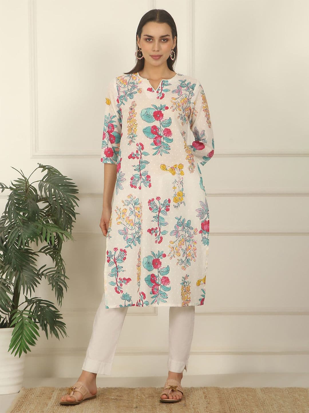W W Floral Printed Thread Work Notch Neck Straight Kurta