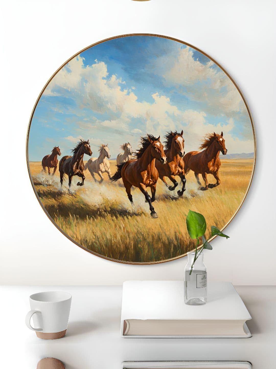 Livin'luxe Livin'luxe Blue & Brown 7 Running Horses Wooden Wall Art