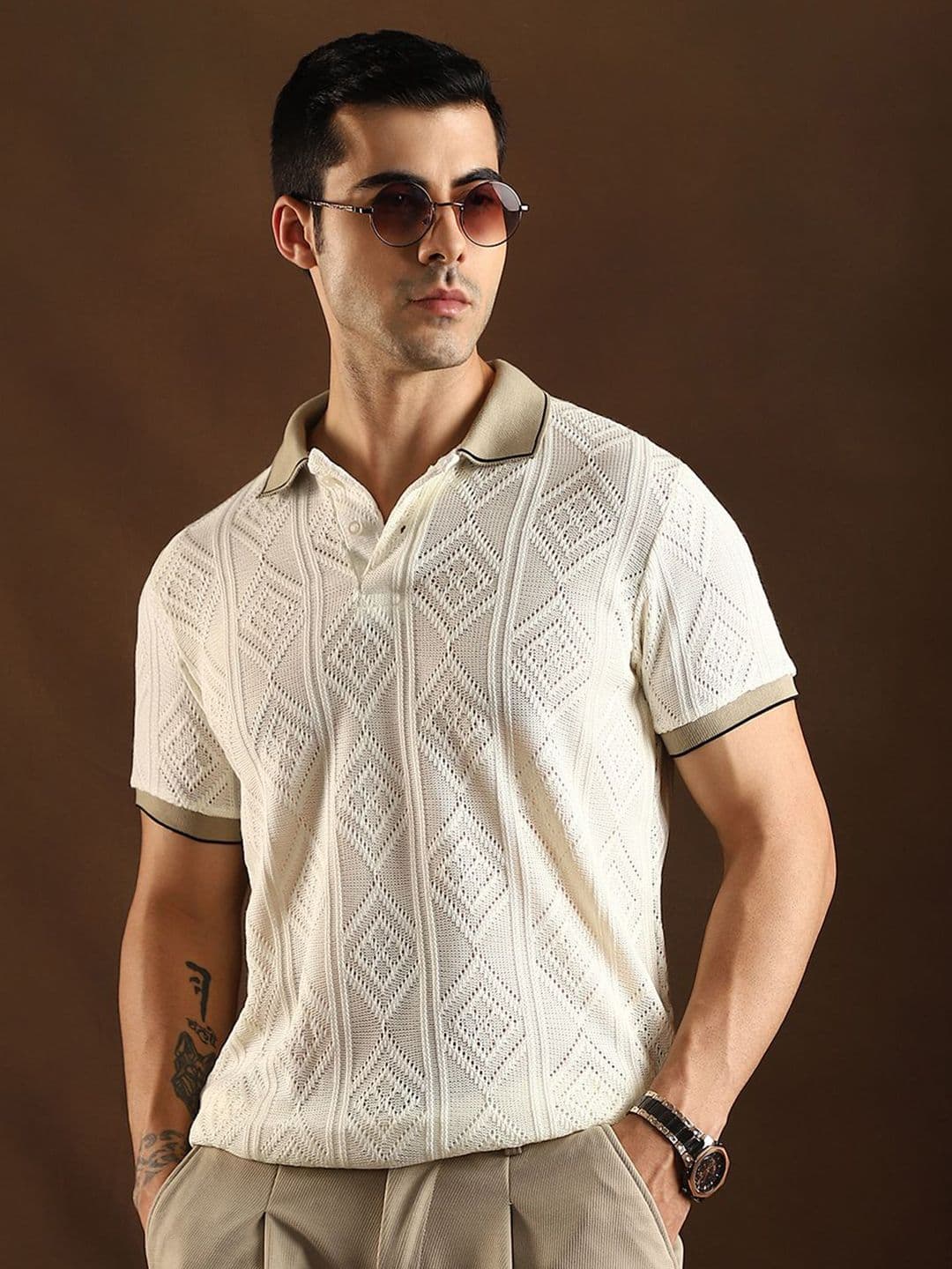 Self Design Cotton T-shirt Campus Sutra Geometric Self Design Polo Collar Cotton T-shirt