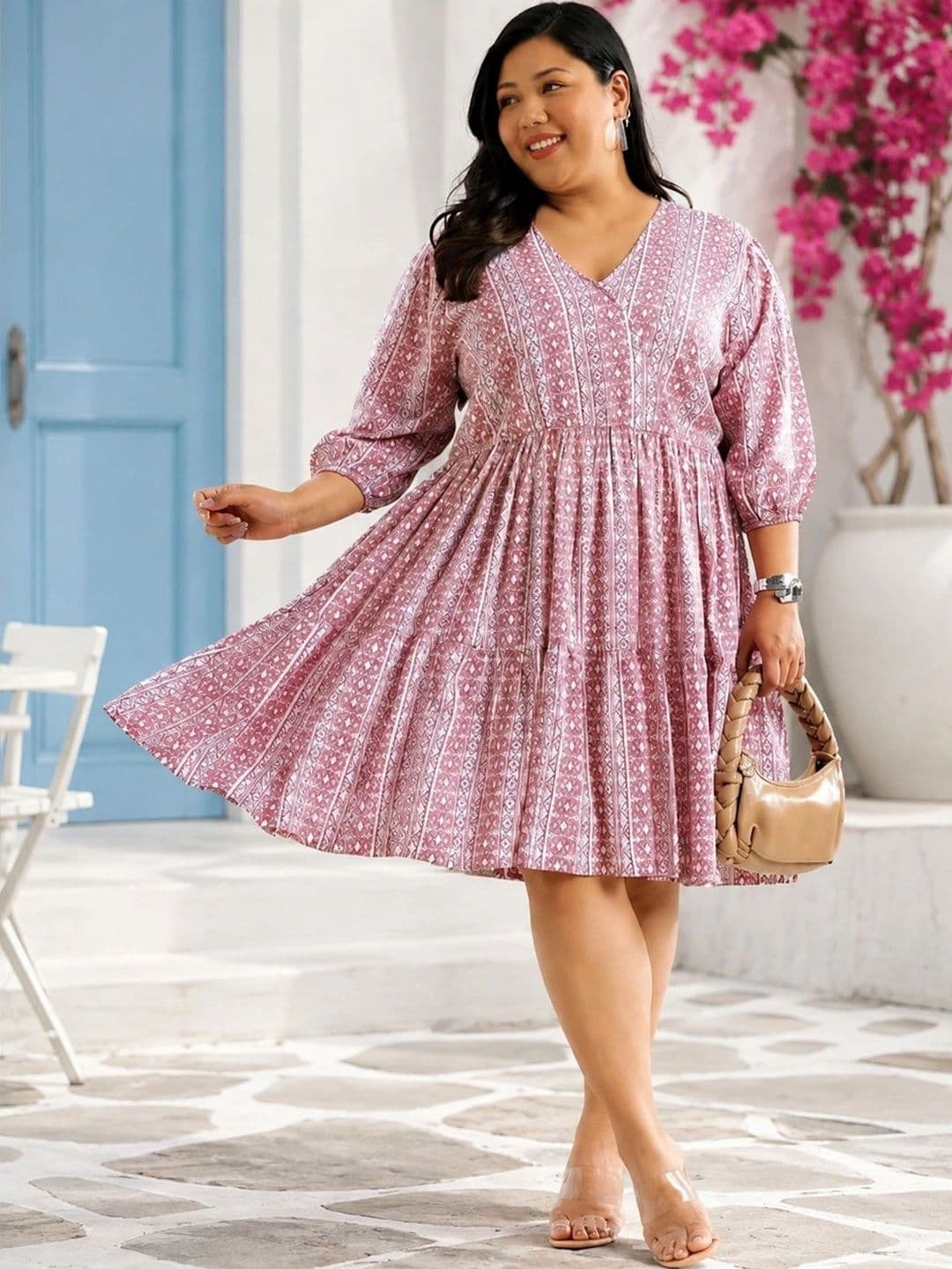 A-Line Plus Size Midi Dress Virgio Geometric Viscose Printed V-Neck Midi Plus Size Dress for Women