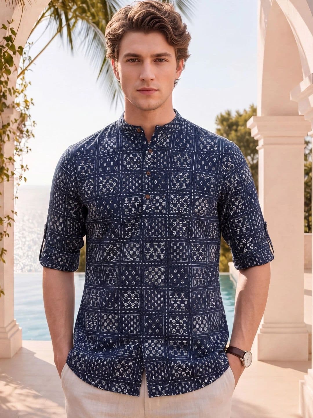 Royalscout Royalscout Men Cotton  Printed Band Collar Casual Shirt