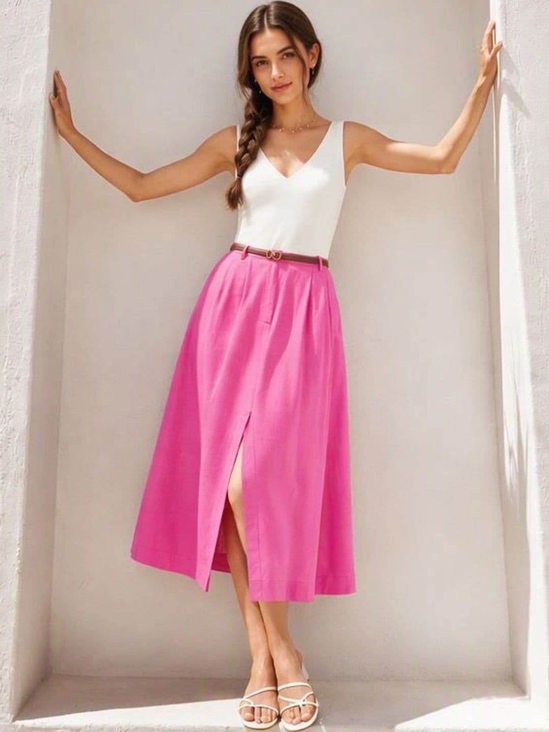 A-Line Flared Midi Slit Skirt Virgio Solid Viscose Rayon Flared Midi Skirt for Women
