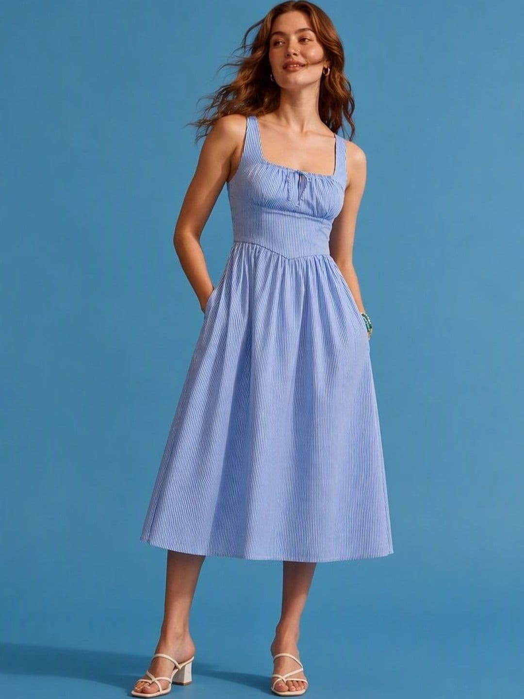 Virgio Virgio Stripes Cotton Striped Tie-Up Midi Dress for Women