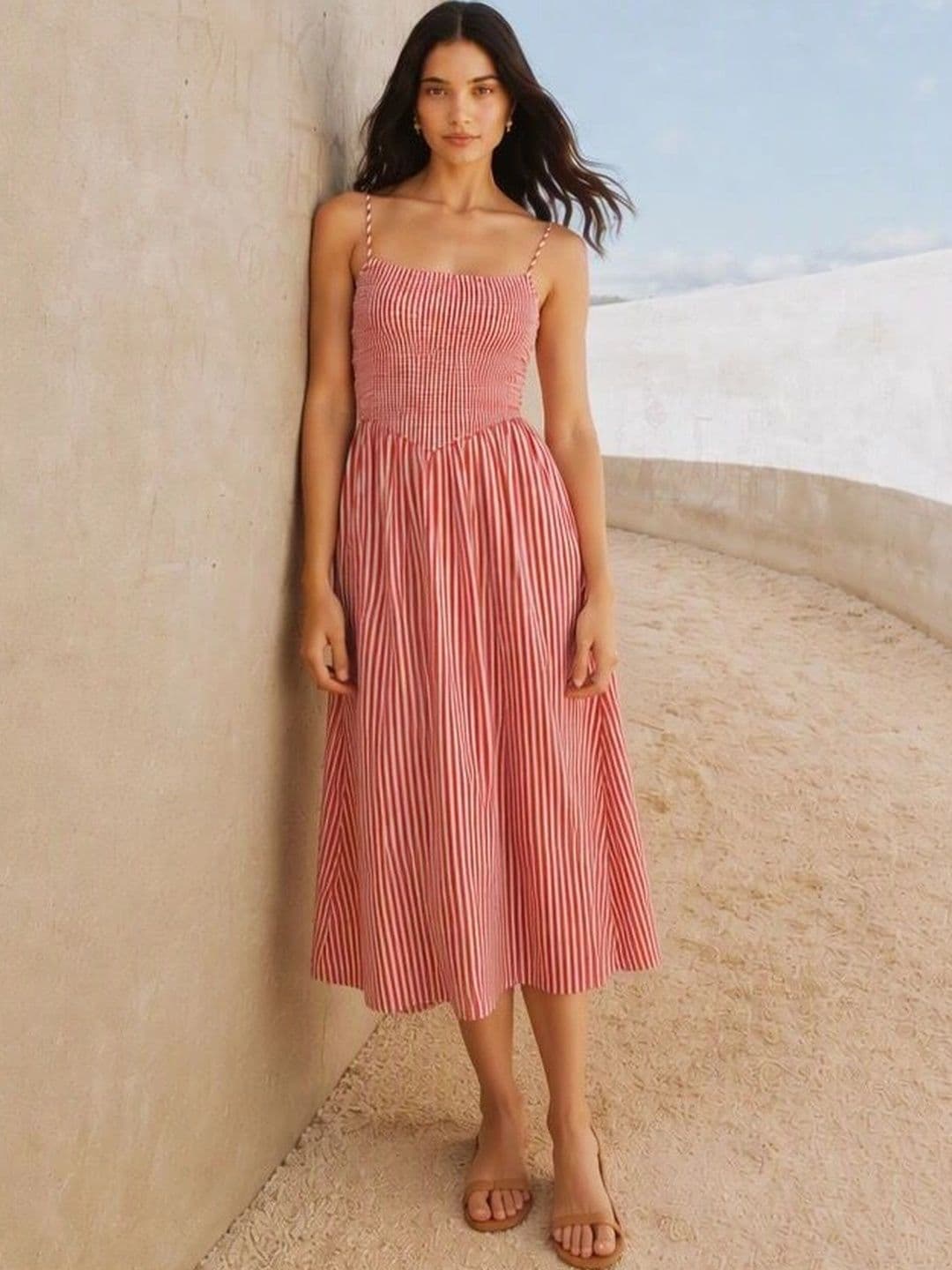 Striped A-Line Midi Dress Virgio Striped Cotton Square Neck Sleeveless Midi Dress for Women