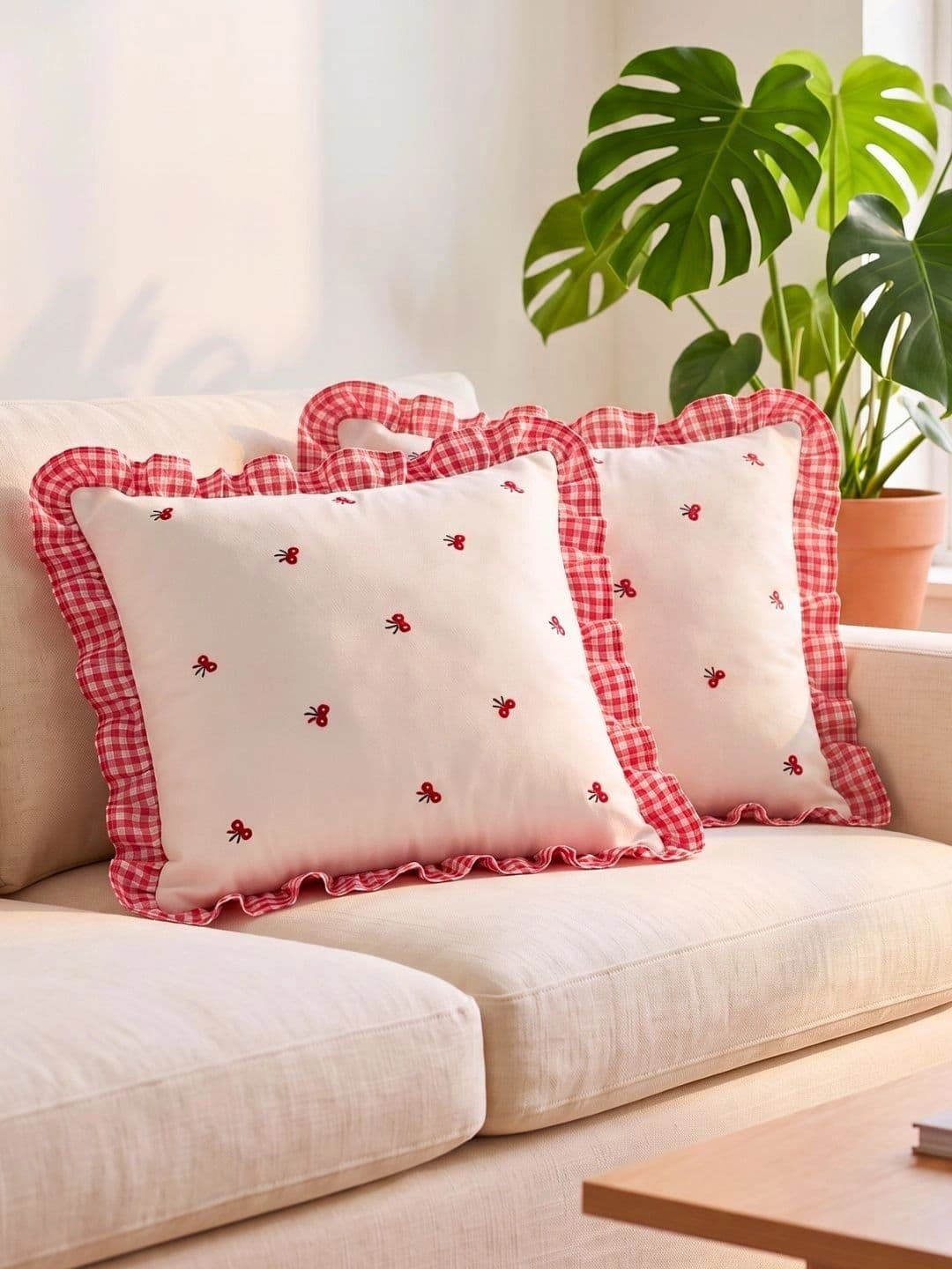 SLEEPY THREADS SLEEPY THREADS 2 Pieces Red& White Embroidered Square Cotton Cushion Covers