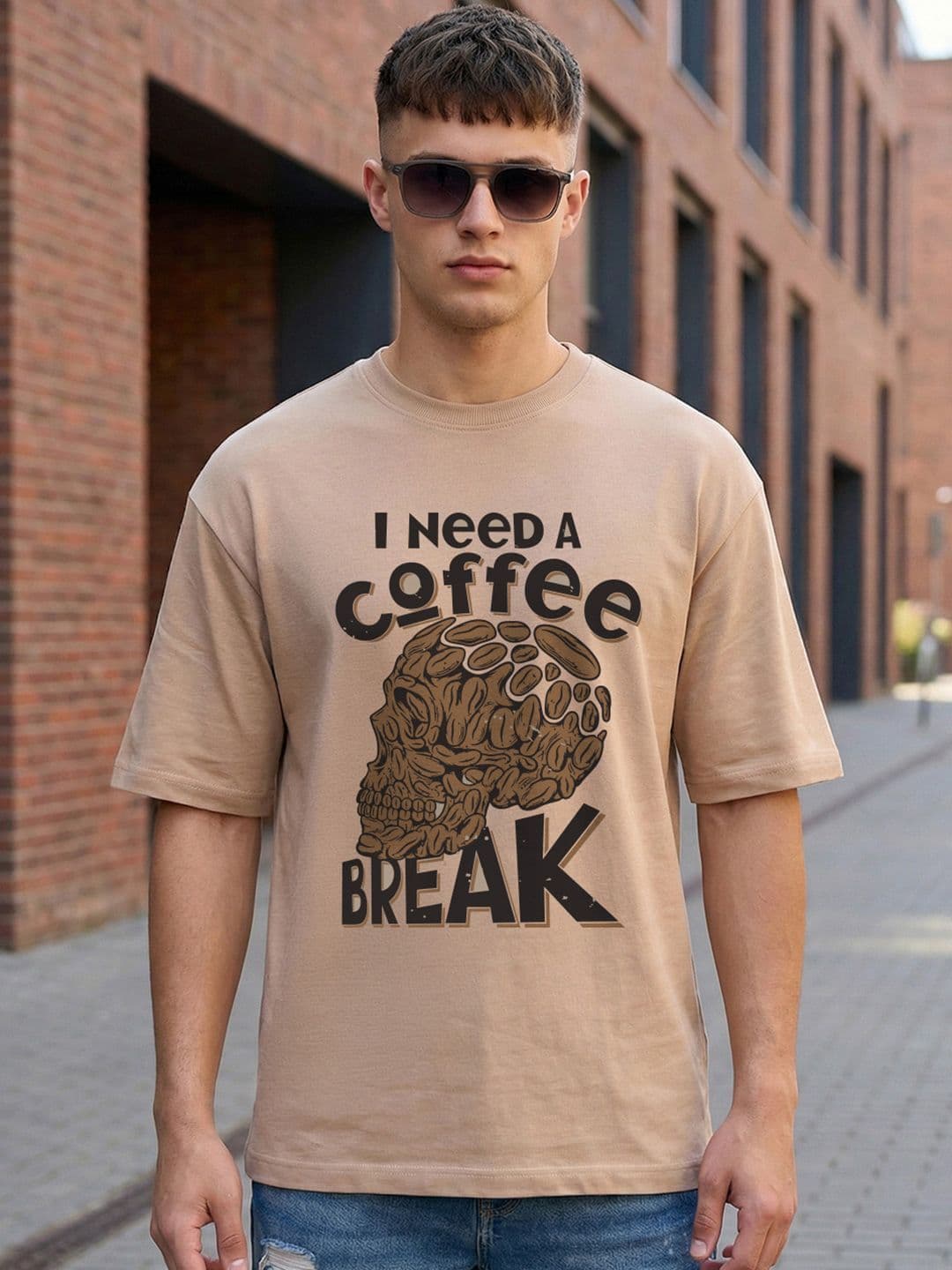Bewakoof Bewakoof Men's Warm Taupe Brown Coffee Break Graphic Printed Oversized T-shirt