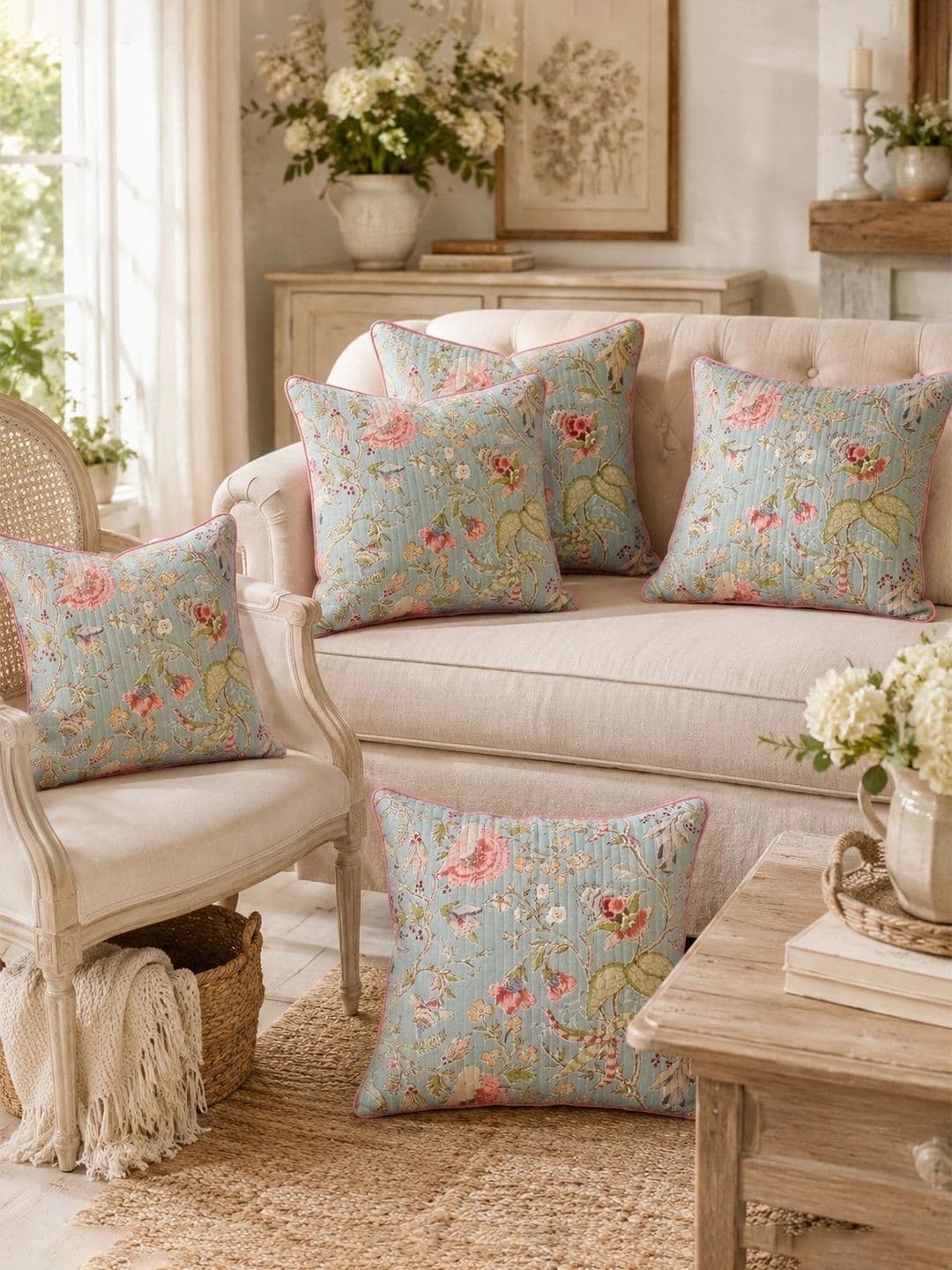 The Home Story The Home Story Green & White Set of 5 Floral Square Cushion Covers