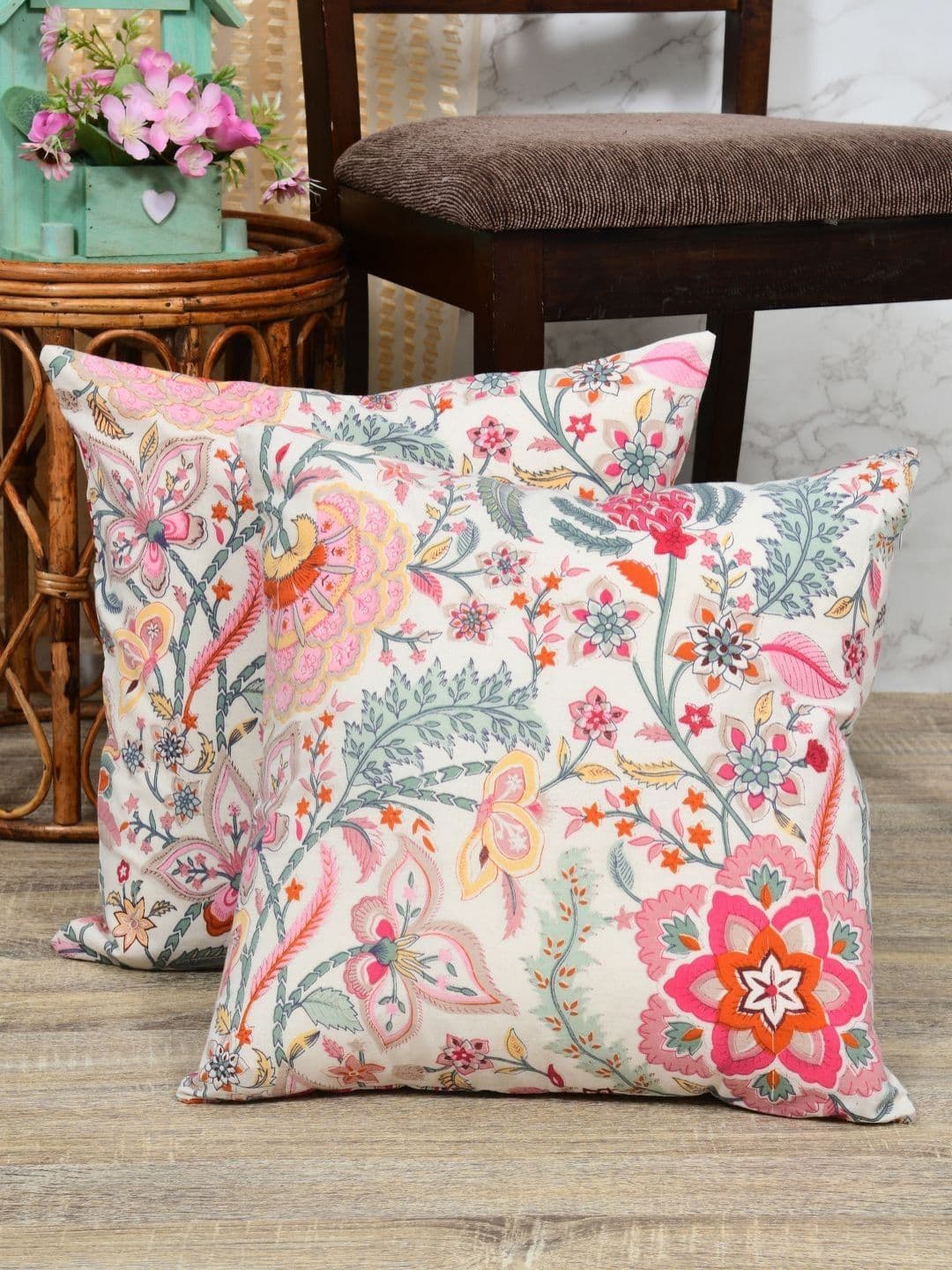 Clasiko Clasiko Autumn Sedum Floral Cotton 2 Pcs Square Cushion Covers - 24 x 24 In