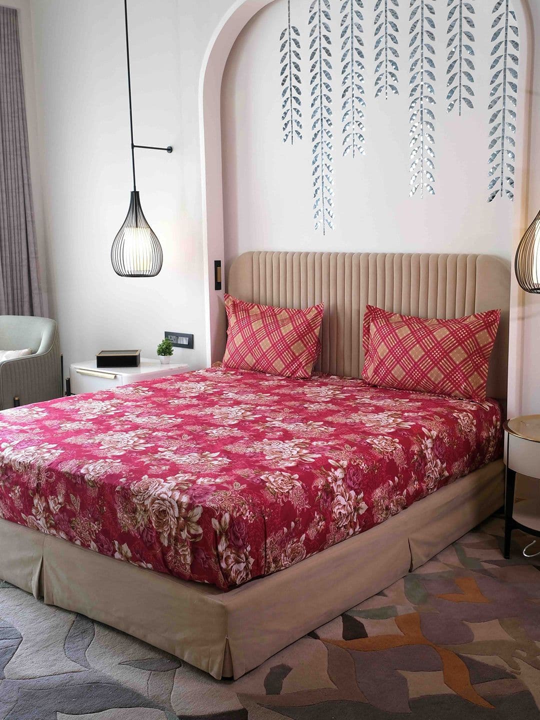 Pure Decor Pure Decor Maroon Floral Polycotton King Double Bed Bedsheet With 2 Pillow Covers 108X108"