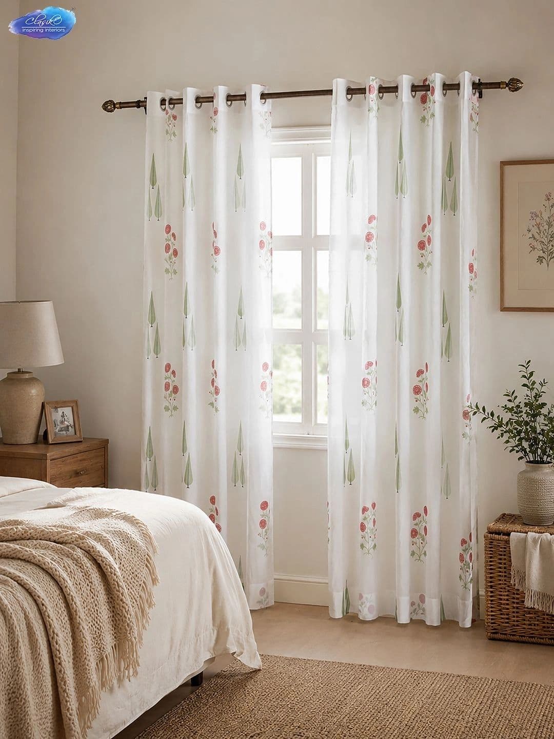 The Home Story The Home Story White Set of 2 Floral Sheer Window Curtain