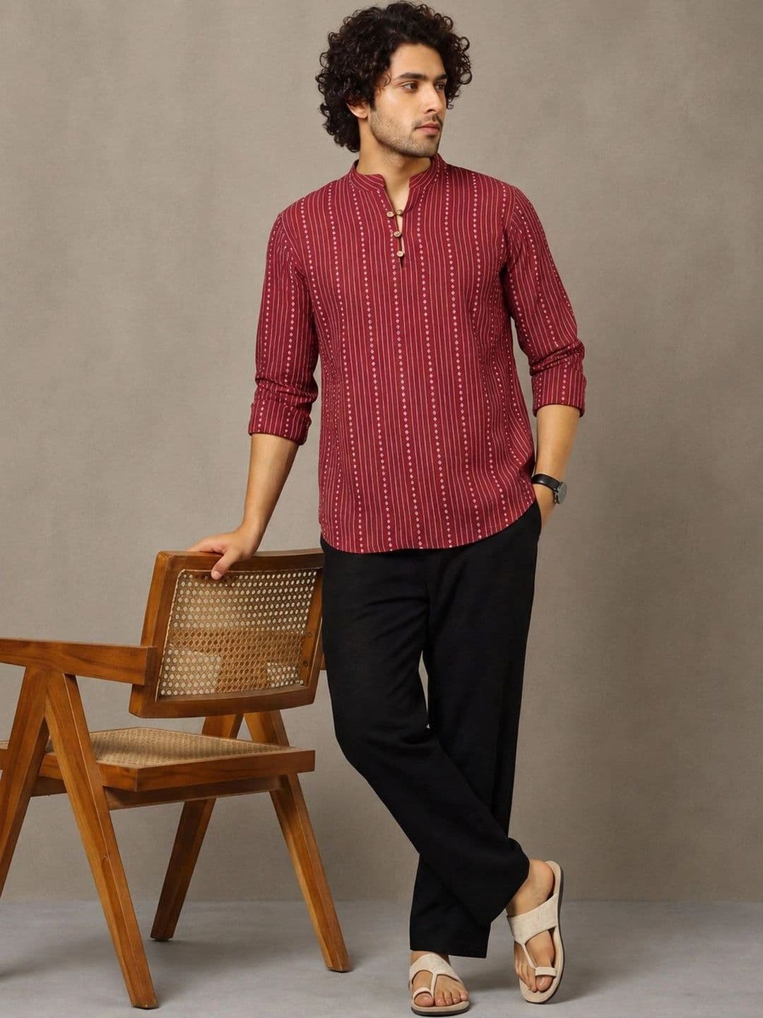 Navibhu Navibhu Woven Design Striped Cotton Handloom Mandarin Collar Short Kurta