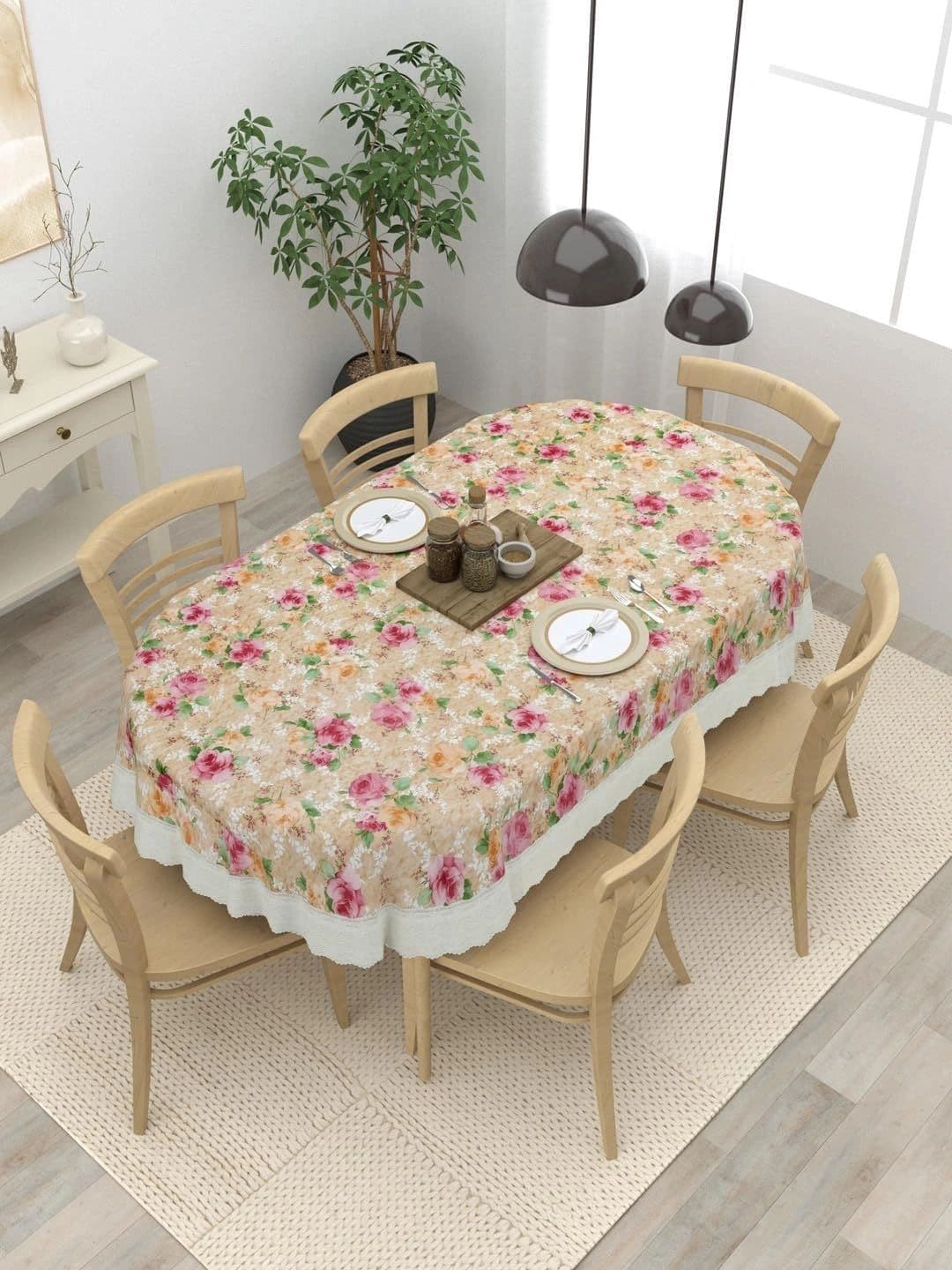 The Home Story The Home Story Pink Floral Waterproof Oval 6-Seater Table Cover with Embellished details