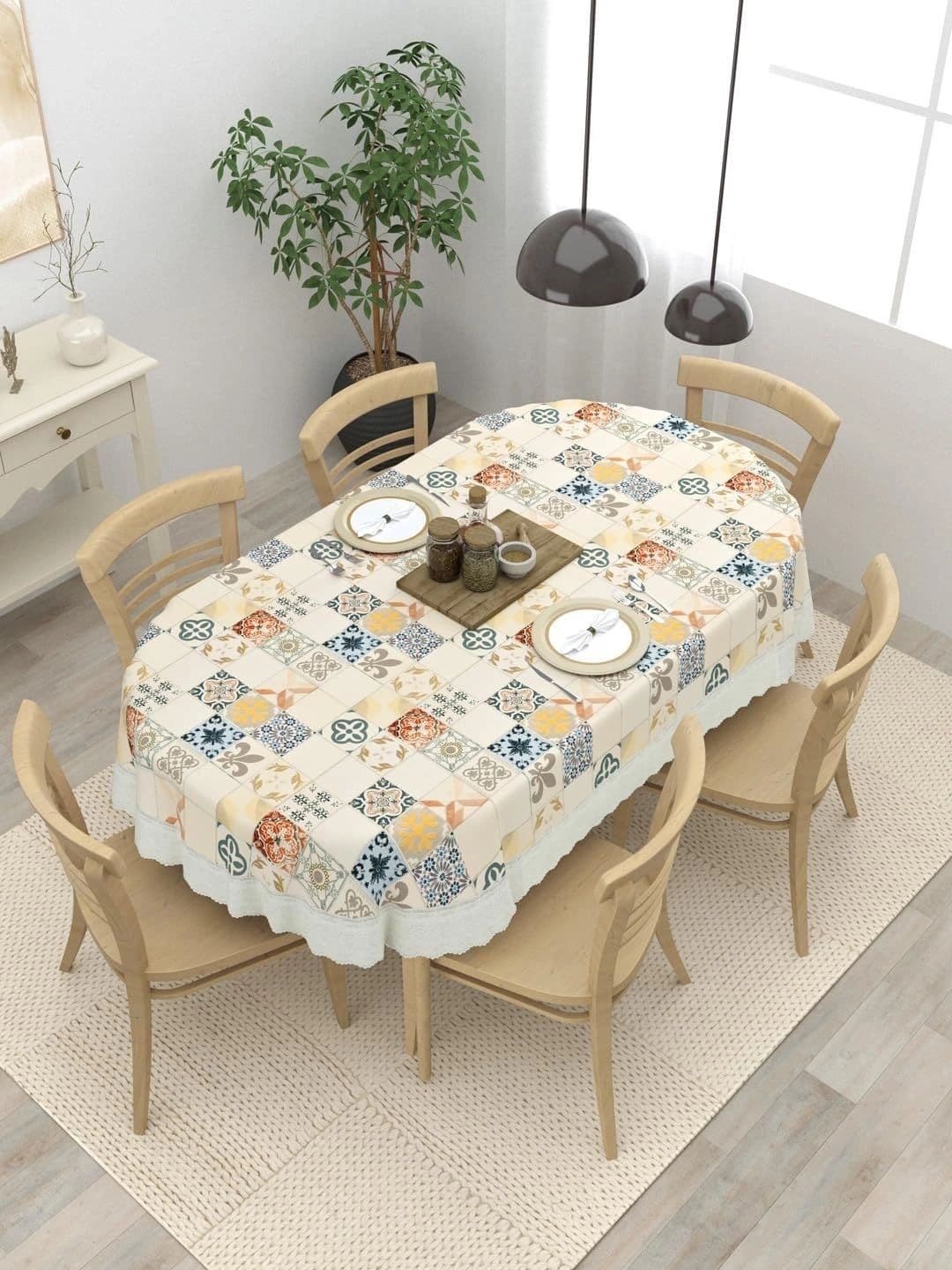 The Home Story The Home Story Multicoloured Geometric Printed Waterproof Oval 6-Seater Table Cover