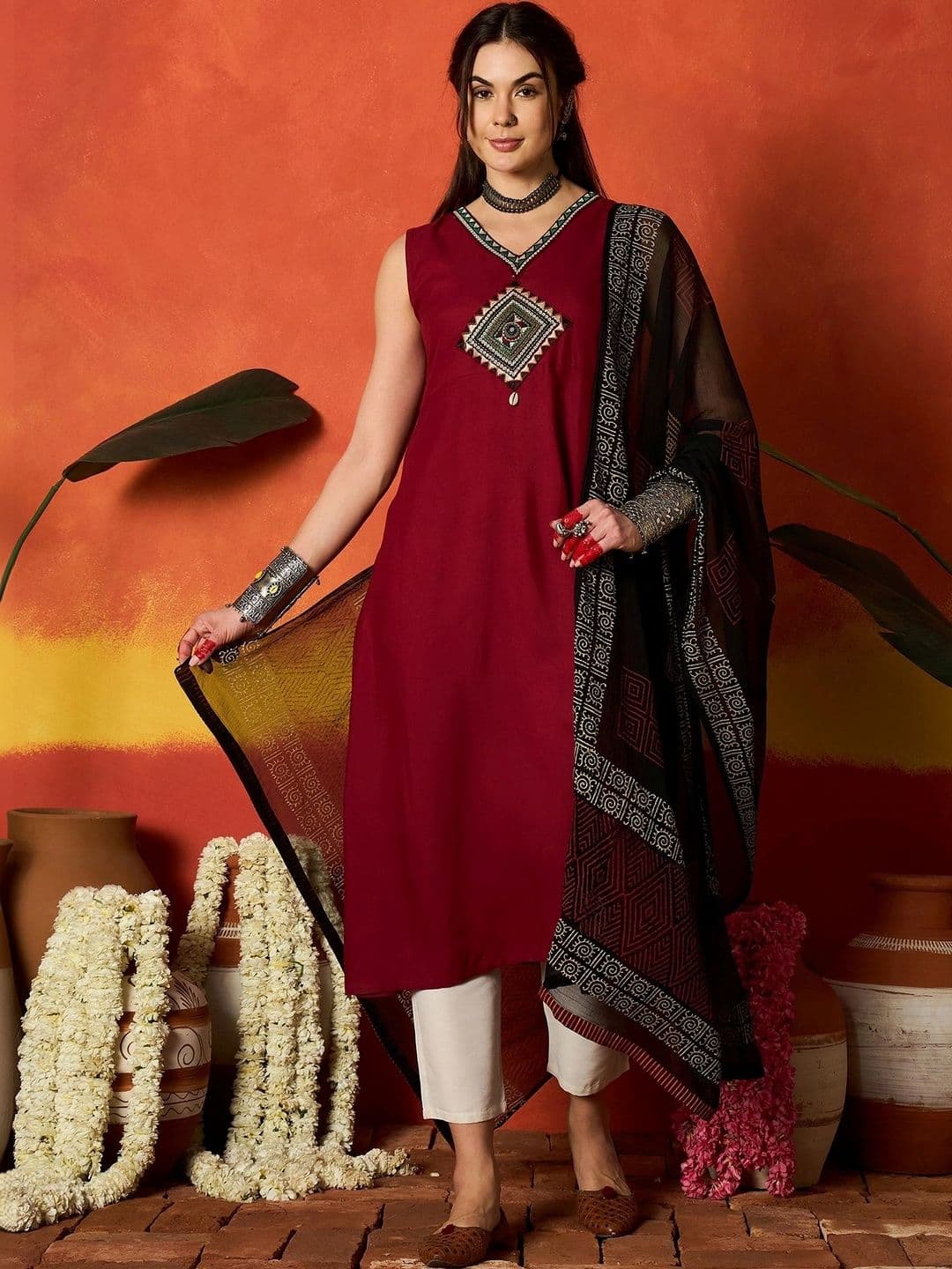 Ethnic Embroidered Kurta Stylum Women's Maroon Solid & Embroidered Rayon A-Line Kurta With Dupatta
