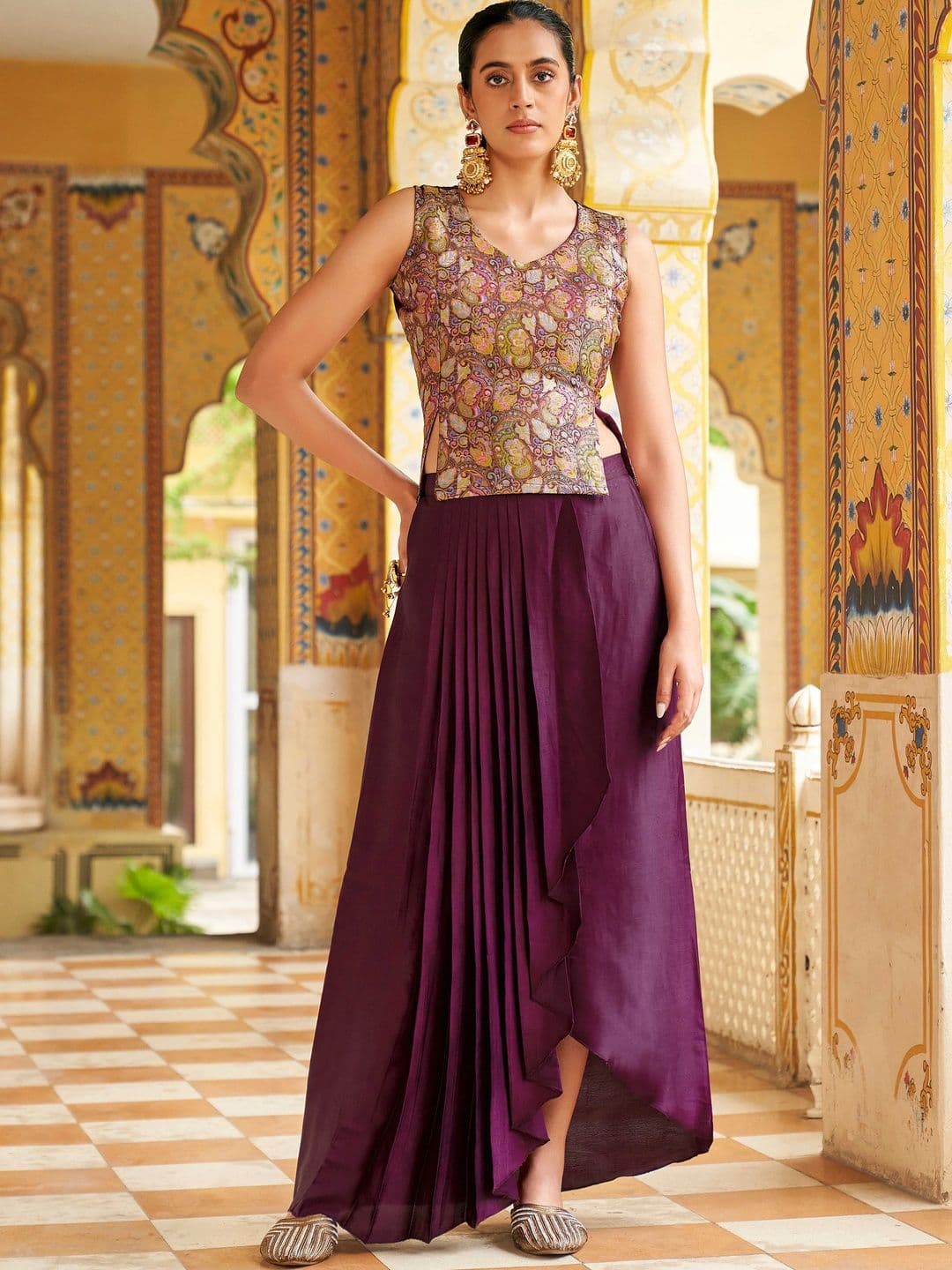 Draped Skirt Co-ord set Tikhi Imli Printed Top with Skirt