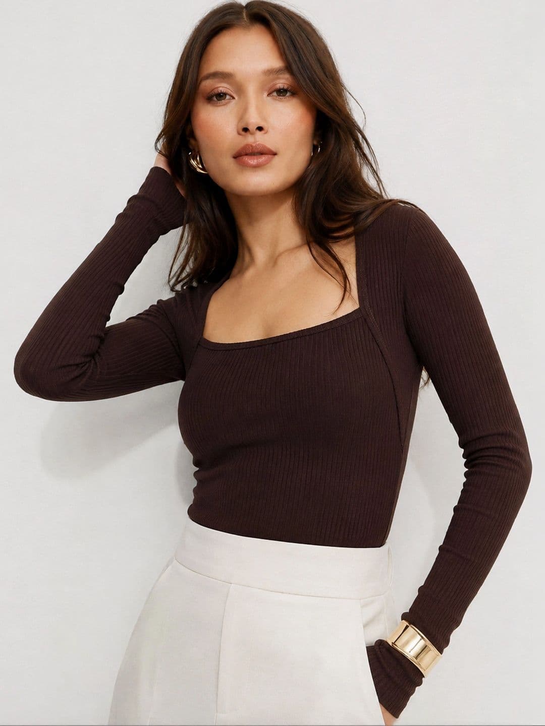 SASSAFRAS SASSAFRAS Women Rib Square Neck Full Sleeves Solid Top
