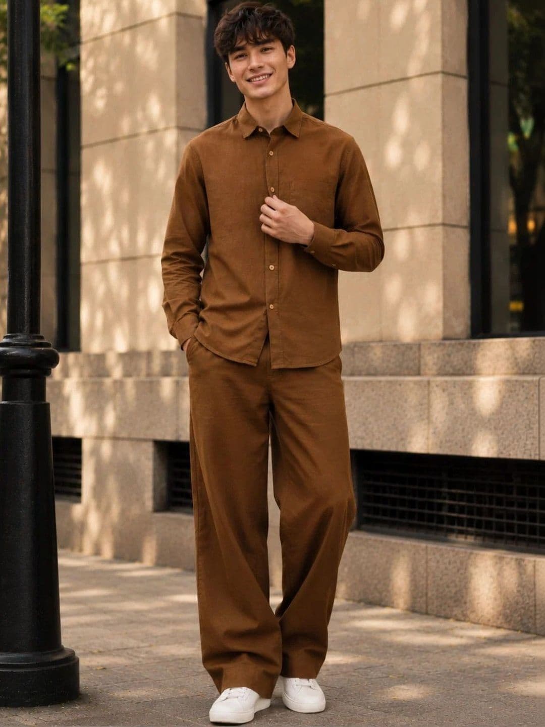 D'AVARRIO D'AVARRIO Men Brown Cotton Solid Shirt with Trousers Co-ord Set