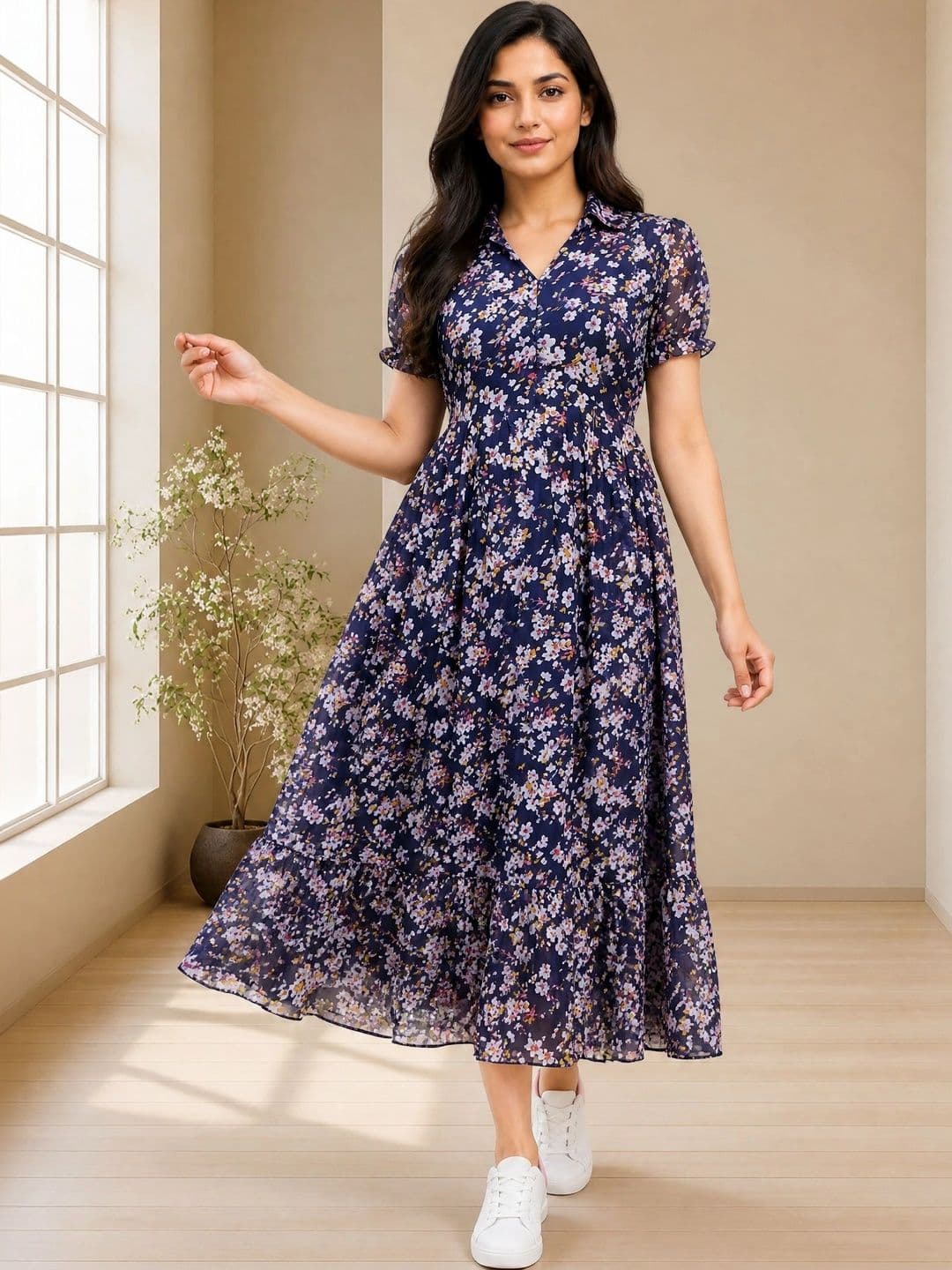 QENA QENA Floral Print Georgette A-Line Midi Dress