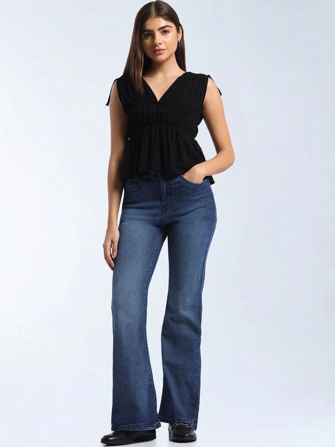 Flying Machine Flying Machine Women Flared High-Rise Low Distress Light Fade Stretchable Jeans