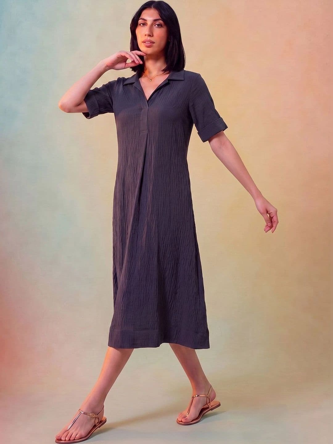 Shirt Collar A-Line Midi Dress AADVIKA Shirt Collar Short Sleeves Gathered Or Pleated A-Line Midi Dress