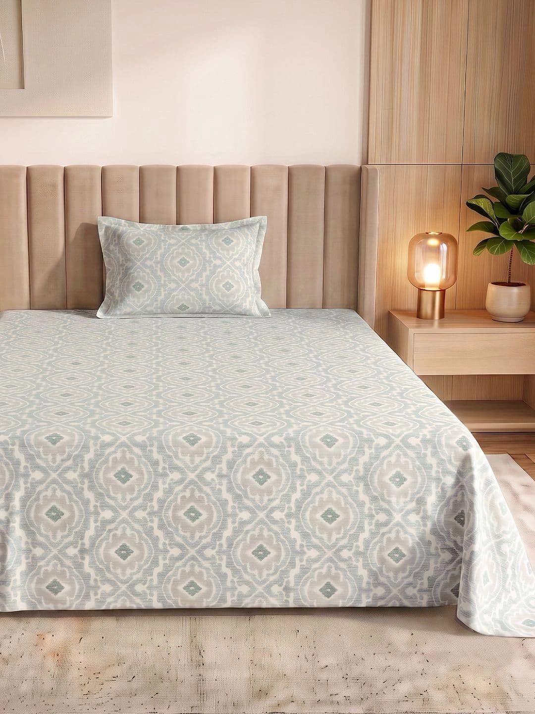 Story@home Story@home Off White & Grey Printed 144 TC Cotton Single Bedsheet With 1 Pillow Cover