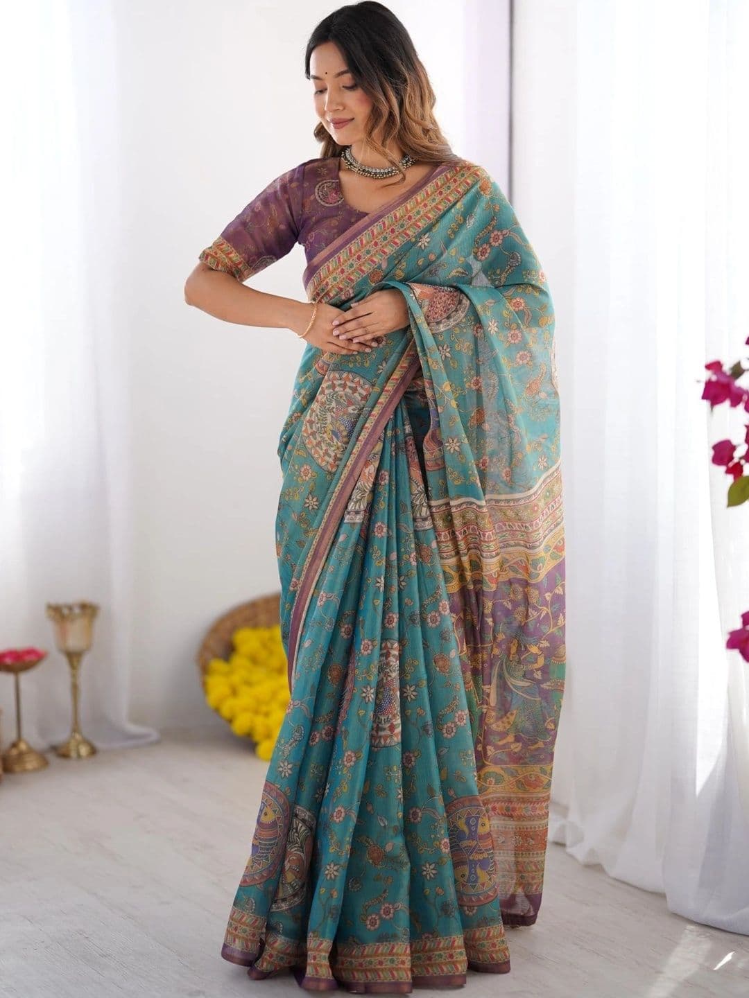 HOUSE OF PRANSHI HOUSE OF PRANSHI Floral Linen Blend Jamdani Saree