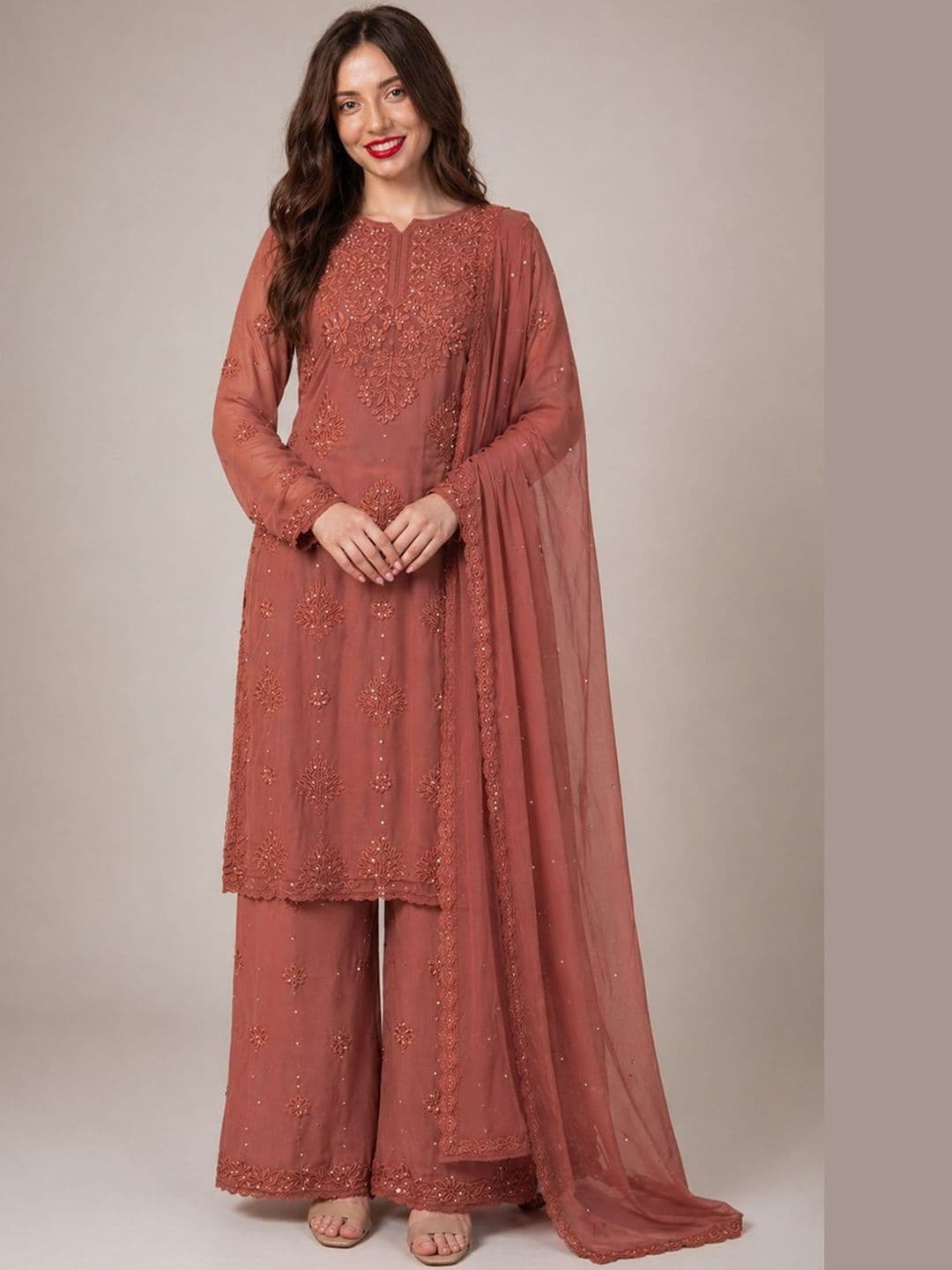 Women Embroidered Kurta with Palazzos With Dupatta Muzaro ethnics Women Ethnic Motifs Embroidered Panelled Sequinned Kurta with Palazzos & With Dupatta