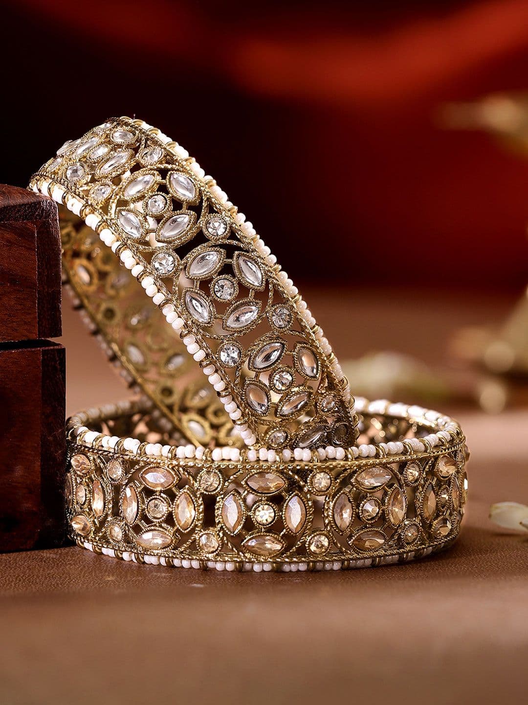 Rubans Rubans Set of 2 22K Gold Plated Kundan & CZ Studded & Pearl Beaded Handcrafted Bangles