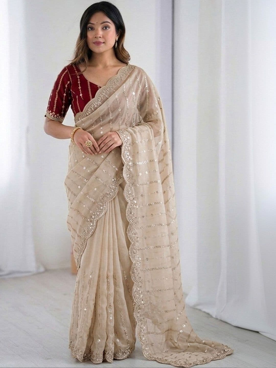 Satrani Satrani Embellished Sequinned Georgette Saree With Designer Blouse