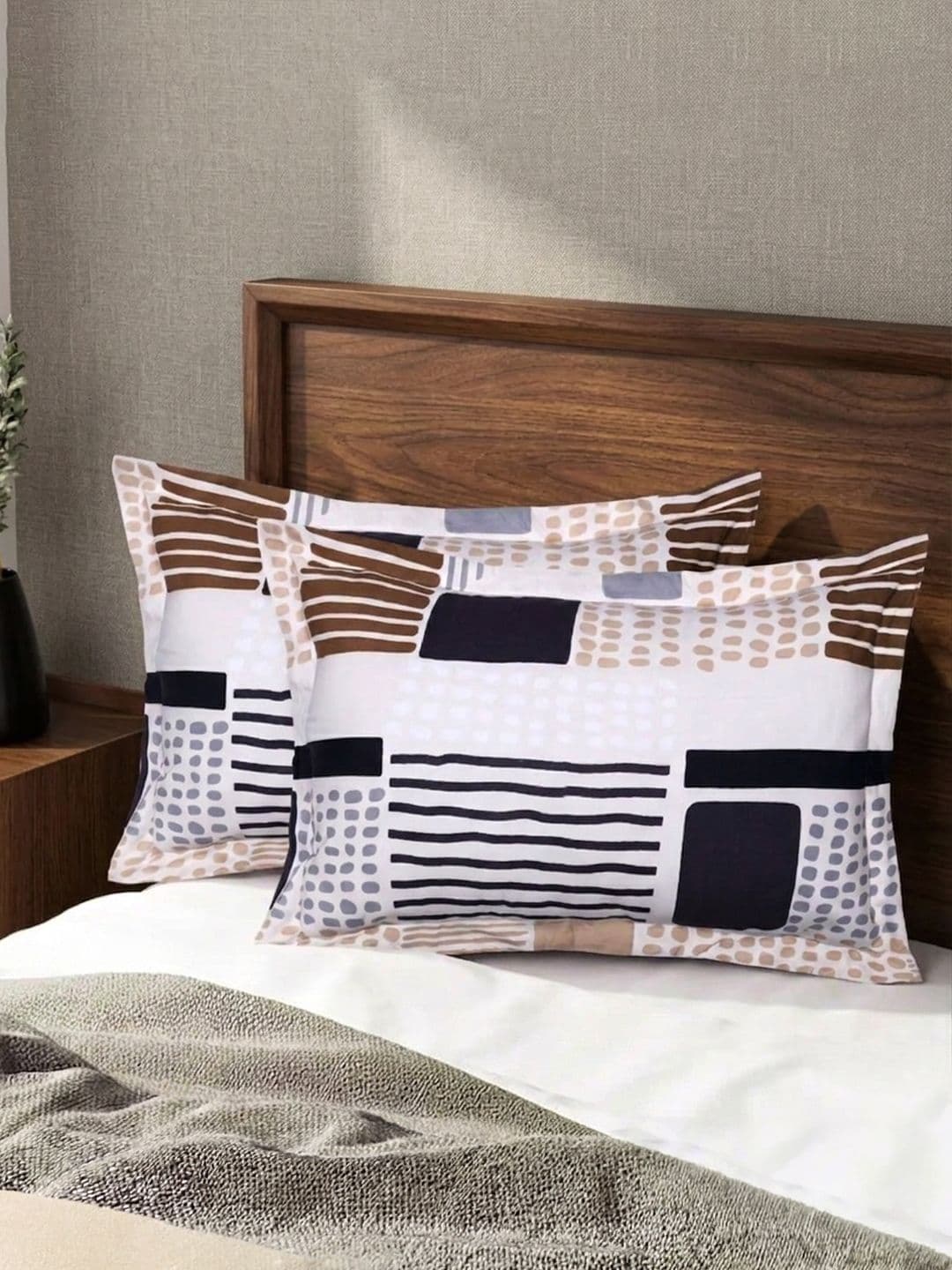 Soumya Soumya White & Brown 2 Pieces Checked Cotton Linen Blend Rectangle Pillow Covers
