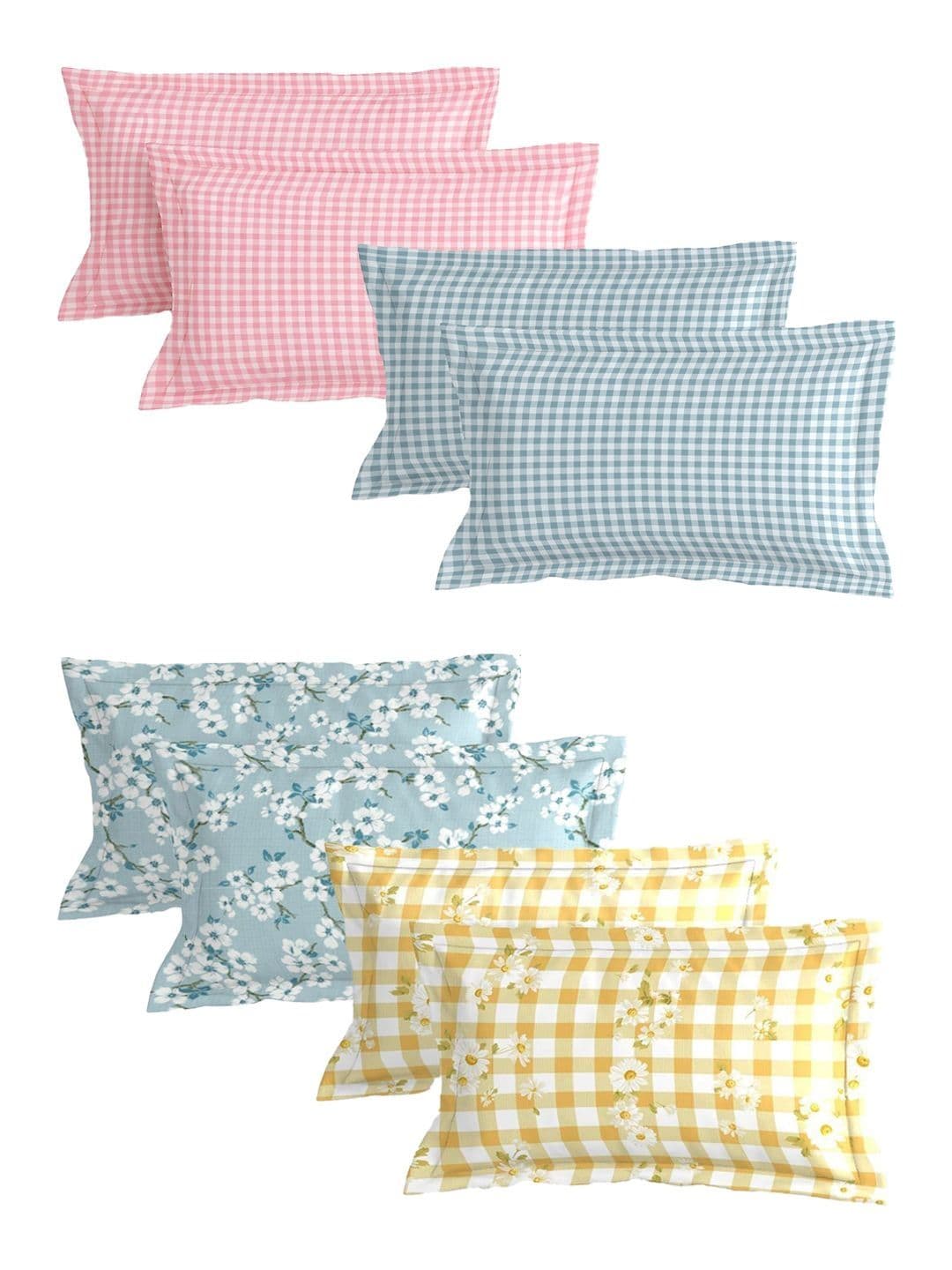 MORADO MORADO Yellow & Pink 8 Pieces Checked Pure Cotton Blend Rectangle Pillow Covers