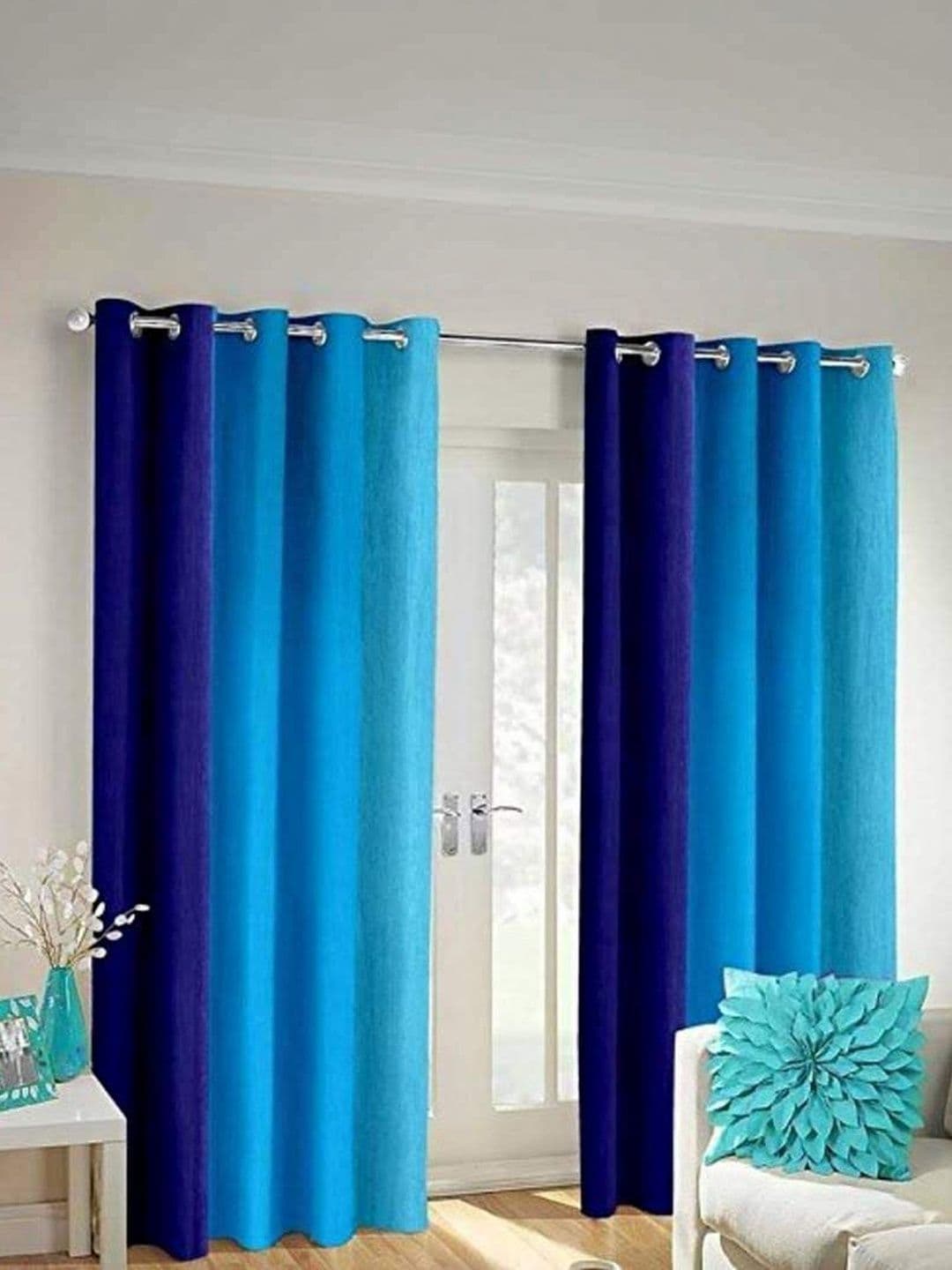 SAI ARPAN SAI ARPAN Blue Set of 2 Colourblocked Curtains and Sheers