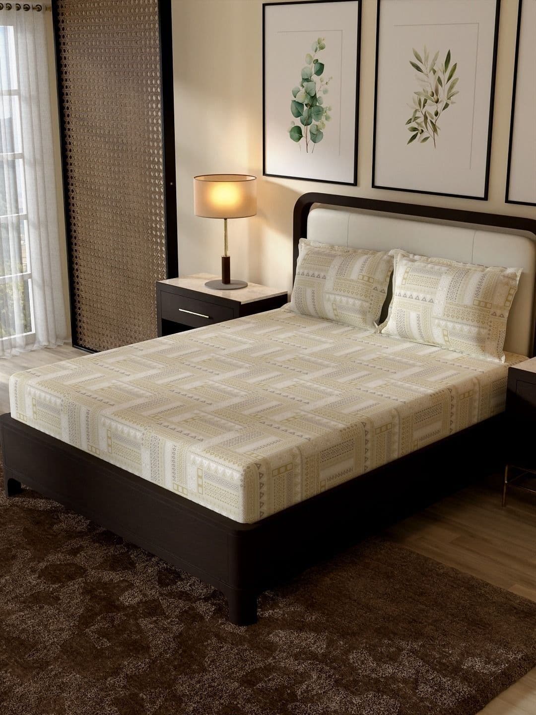 Portico New York Signature Portico New York Signature Cream-Coloured Ethnic Motifs 104 TC Bedsheet with 2 Pillow Covers