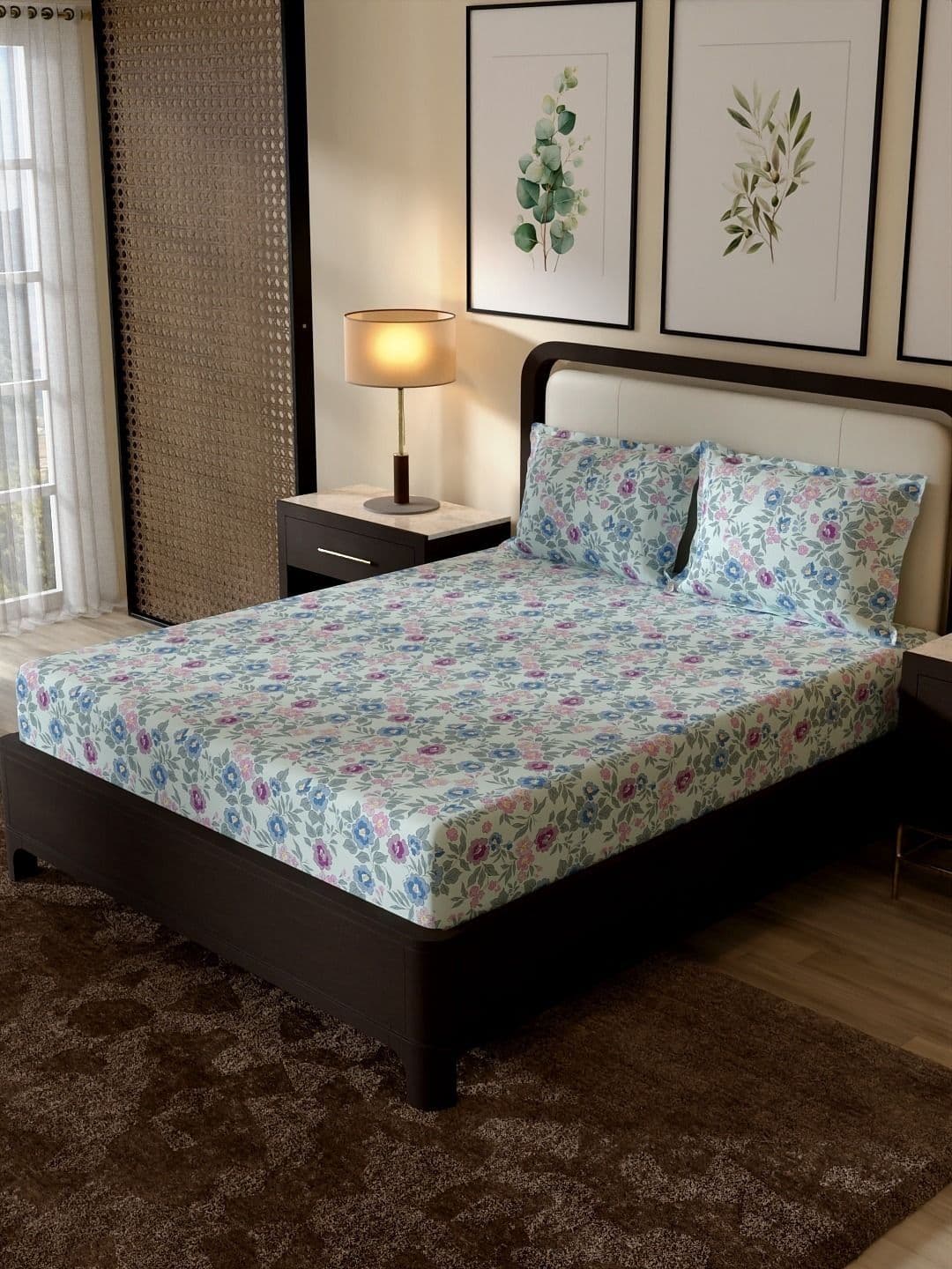 Portico New York Signature Portico New York Signature Sea Green Floral 104 TC Super King Bedsheet with 2 Pillow Cover