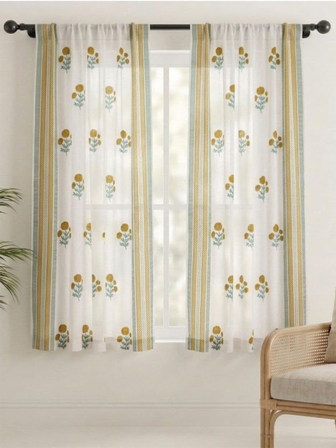 Peepul Tree Peepul Tree Mustard Yellow & Cream Floral Sheer cotton Window Curtain -5ft